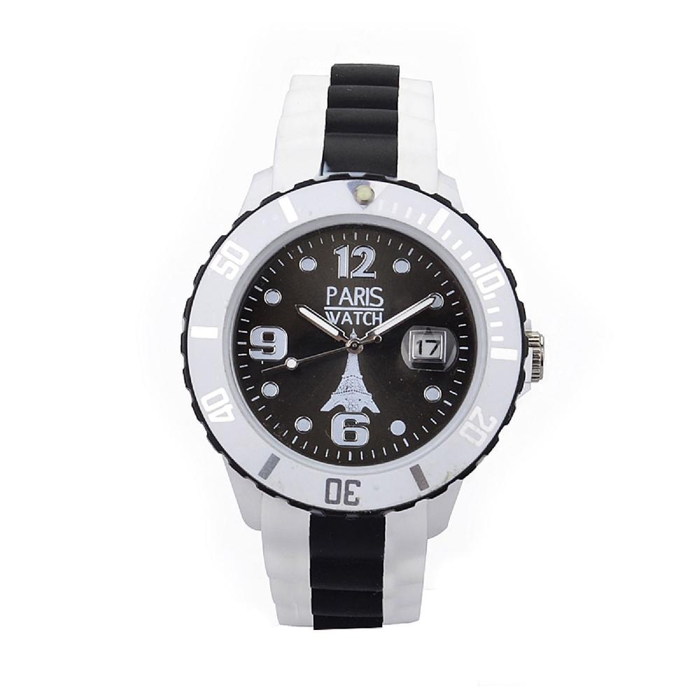 ParisWatch.com Men Silicone Quartz Calendar Date White and Multicolor Black Dial Watch Designed in France Fashion