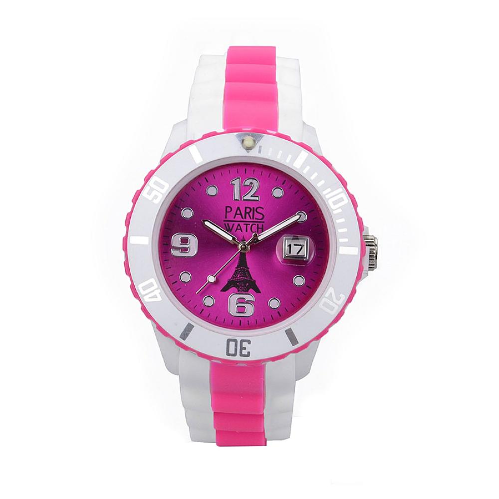 ParisWatch.com Men Silicone Quartz Calendar Date White and Multicolor Pink Dial Watch Designed in France Fashion