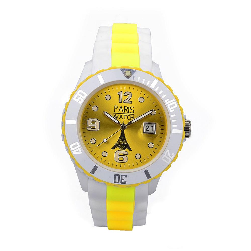ParisWatch.com Woman Silicone Quartz Calendar Date White and Multicolor Yellow Dial Watch Designed in France Fashion
