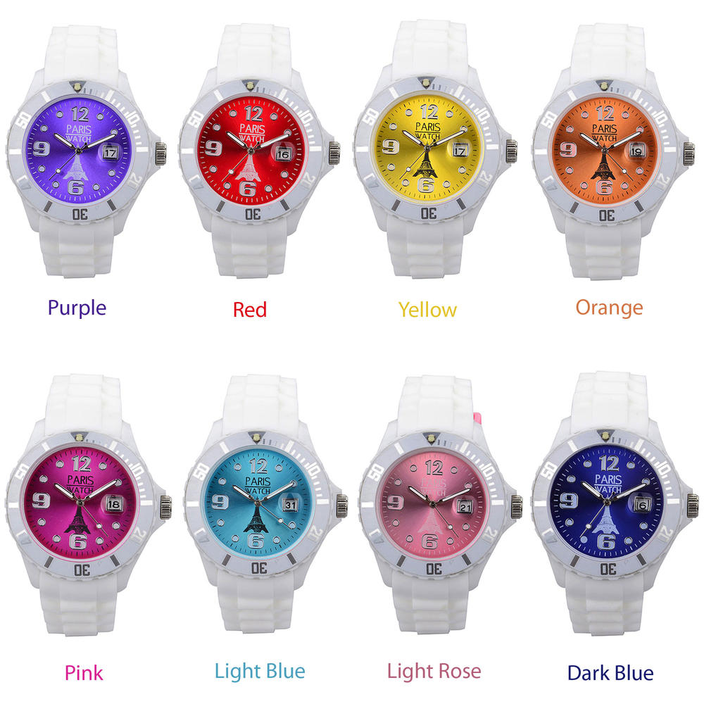 ParisWatch.com 8 Colors Men Special Collections White and Colorful Dial Wrist Watch in Silicone Quartz Calendar Date Designed in France