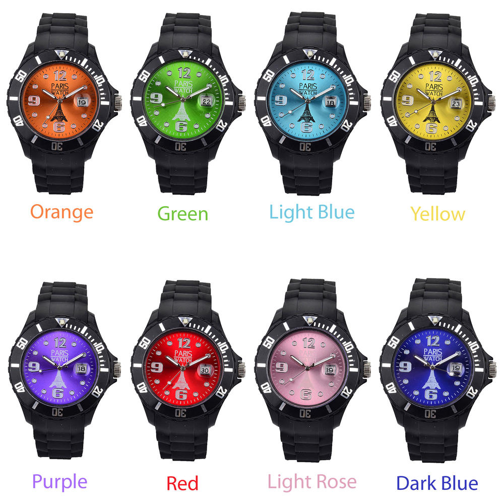 ParisWatch.com 8 Colors Unisex Special Collections Black and Colorful Dial Wrist Watch in Silicone Quartz Calendar Date Designed in France