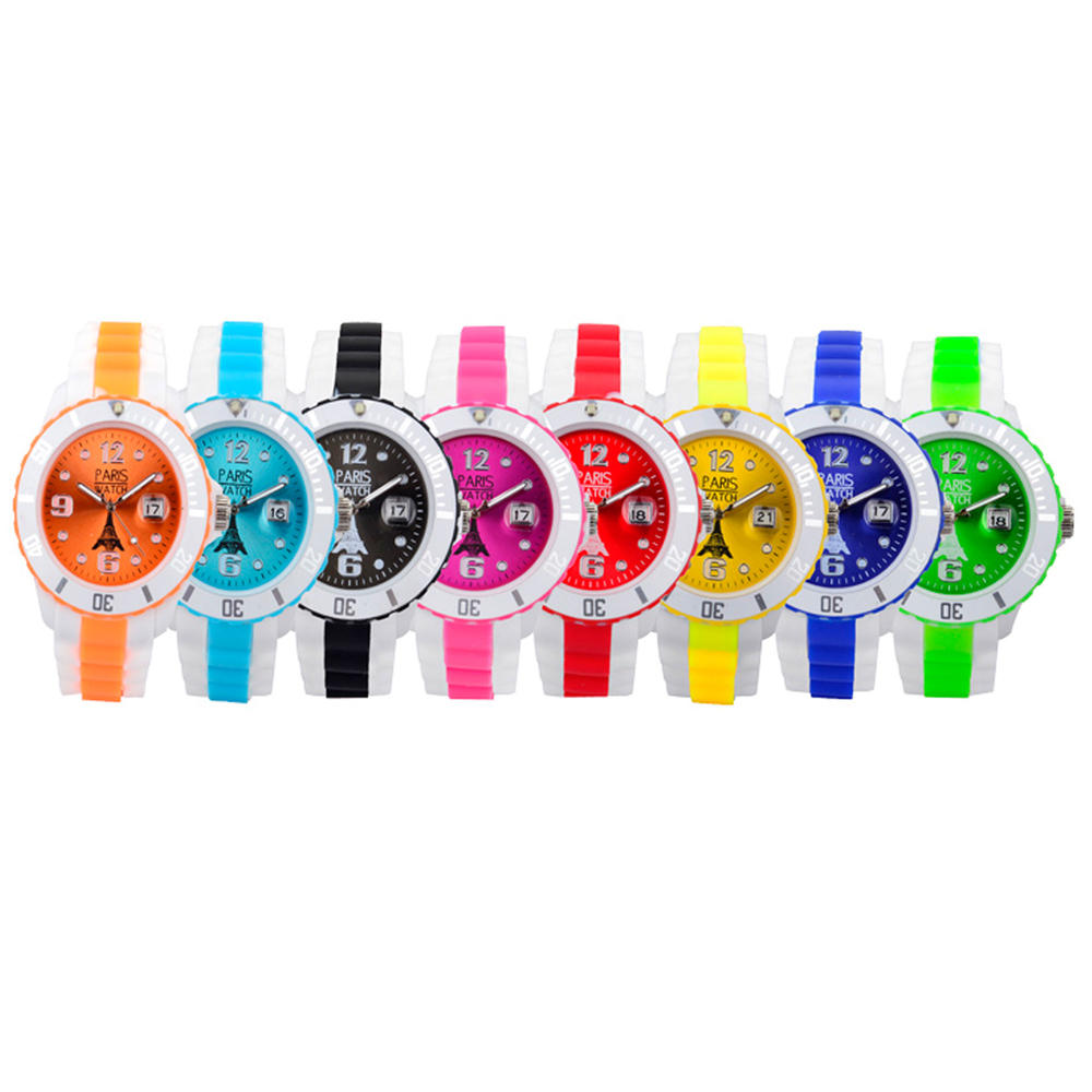 ParisWatch.com 8 Colors Unisex Special Collections White and Multicolor Colorful Dial Wrist Watch in Silicone Quartz Calendar Date Designed