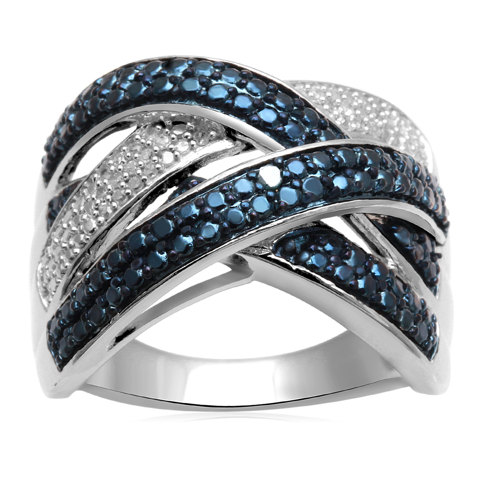 Eternal Treasures 1/10 cttw Blue and White Diamond Silver over Brass Twist Ring