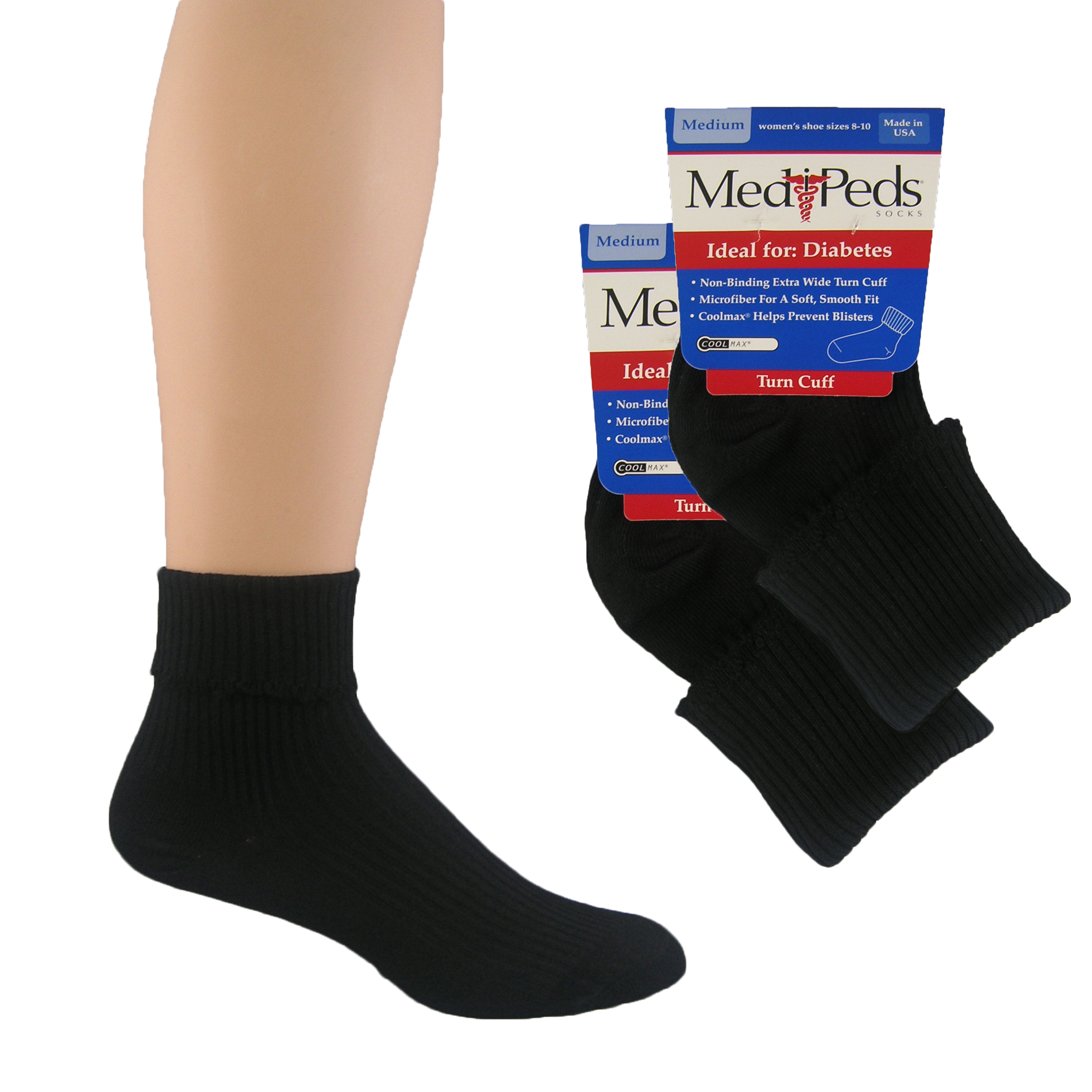 MediPeds Women's Diabetic Crew or Turn Cuff Socks - 2pr