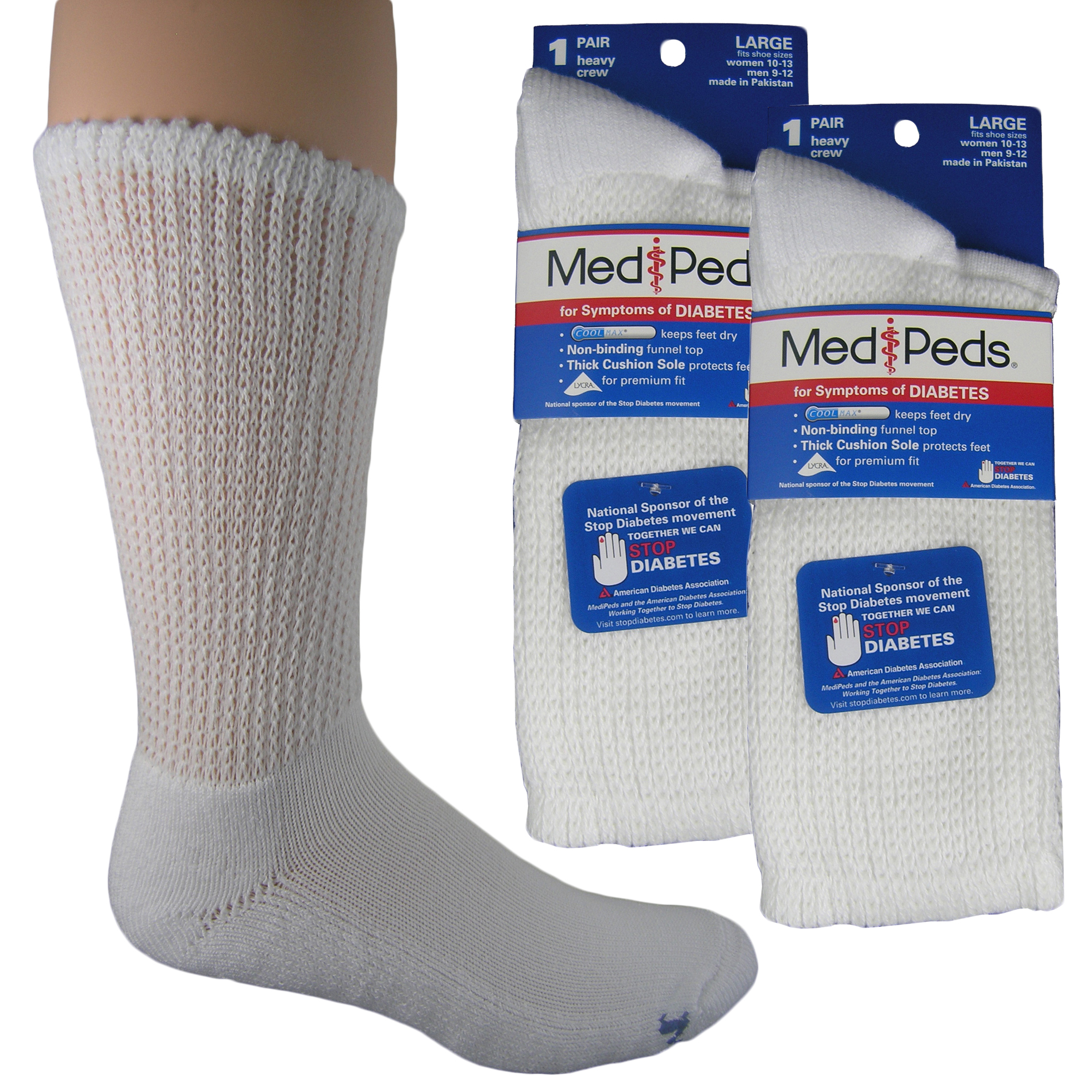 MediPeds Diabetic Heavy Cushion Crew Socks - 2 Pr