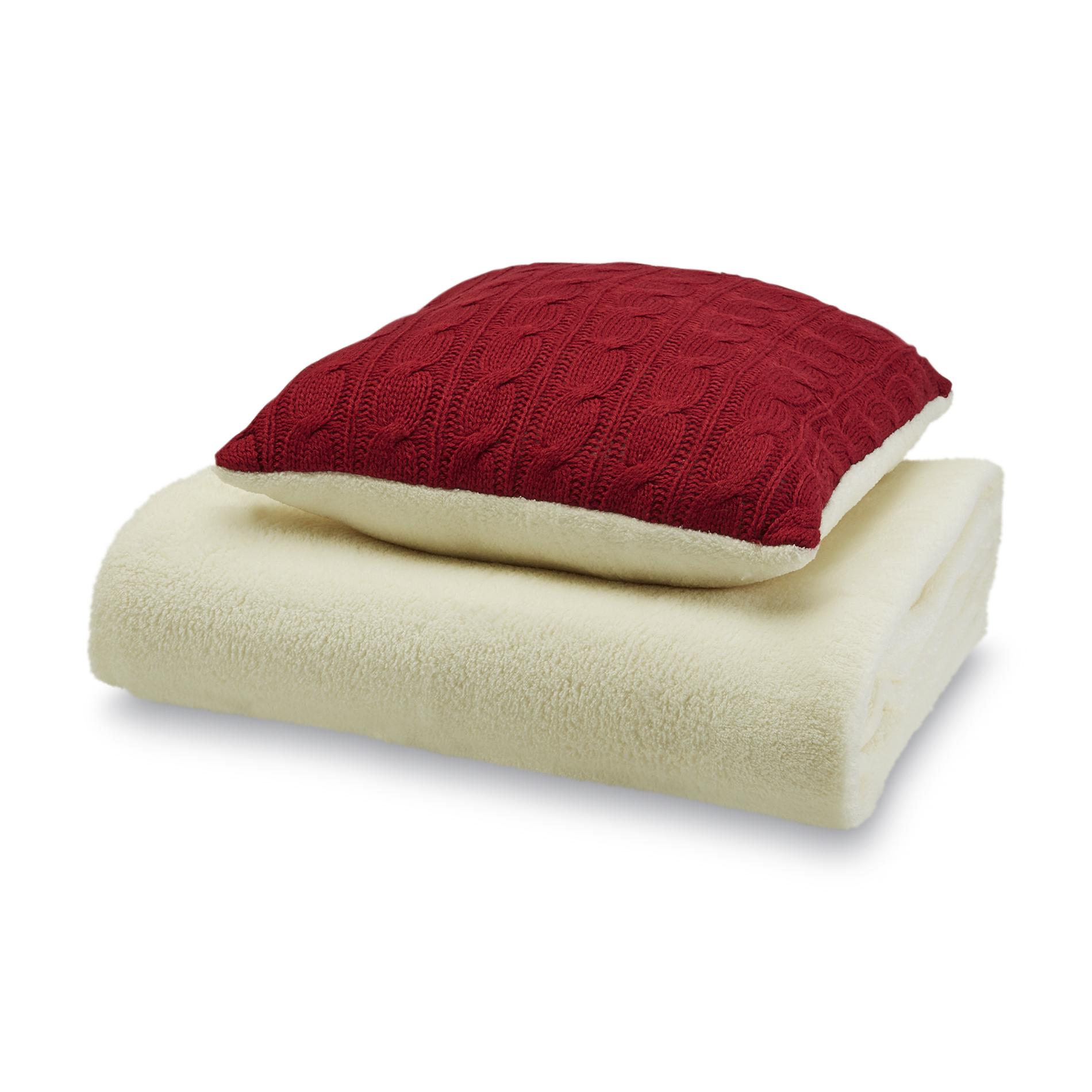 Cannon Red Cable Knit Pillow and Plush Throw