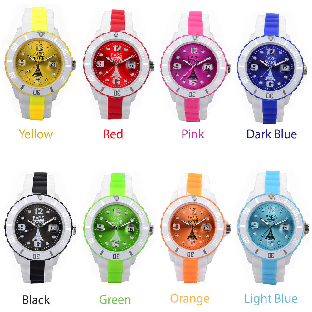 ParisWatch.com 8 Colors Woman Special Collections White and Multicolor Colorful Dial Wrist Watch in Silicone Quartz Calendar Date Designed