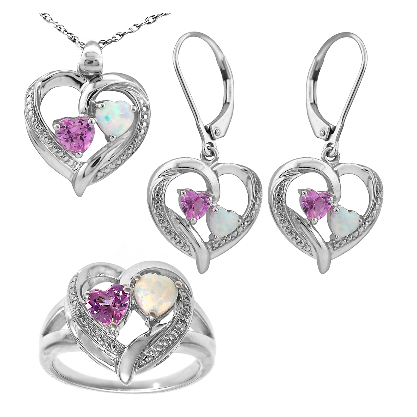 Sterling Silver Heart Lab Opal & Lap Pink Sapp 3pc Set - Size 7 Only