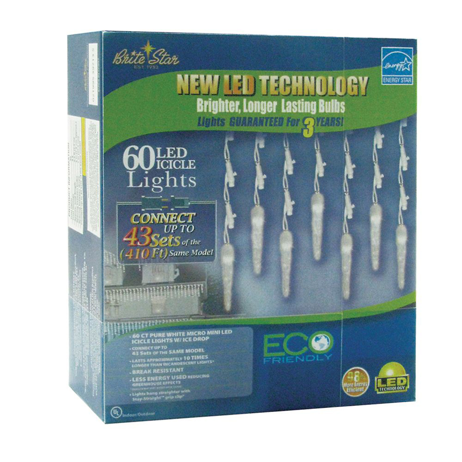 Brite Star 60L LED  ICICLE LIGHTS - Ice, PURE WHITE