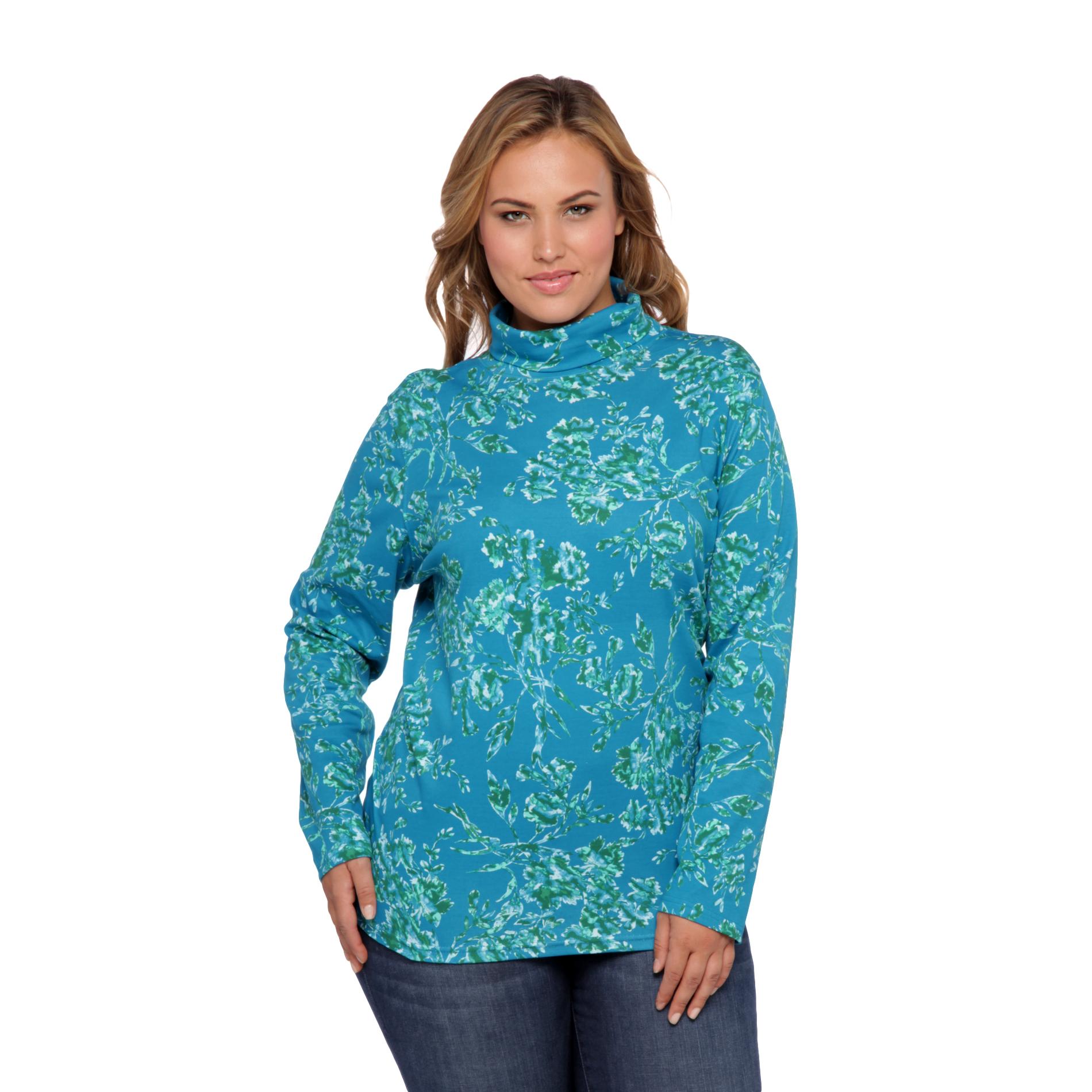Basic Editions Women's Plus Turtleneck Sweater - Floral