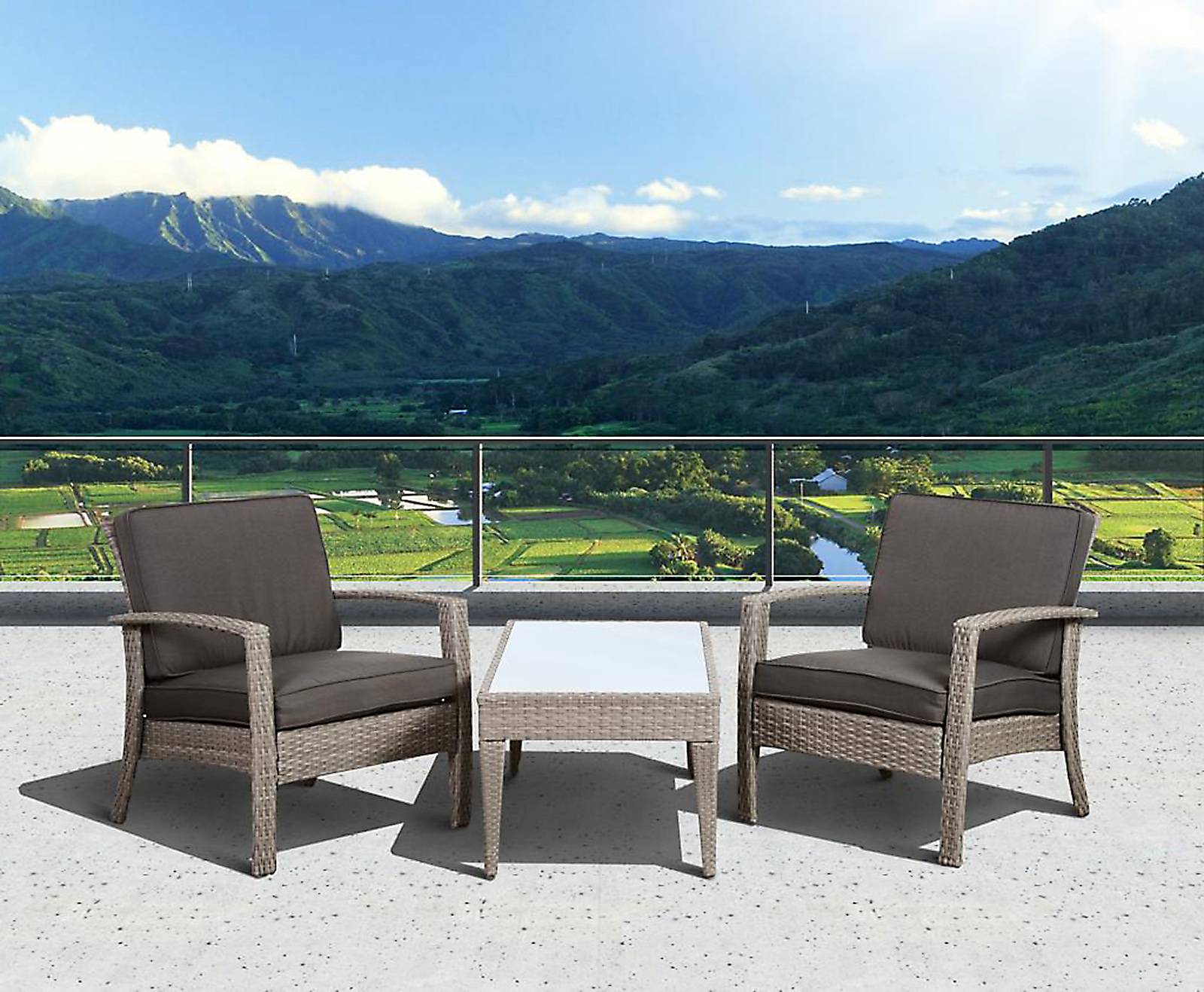 Atlantic Santorini Deluxe 3 Piece Gray Synthetic Wicker Patio Seating