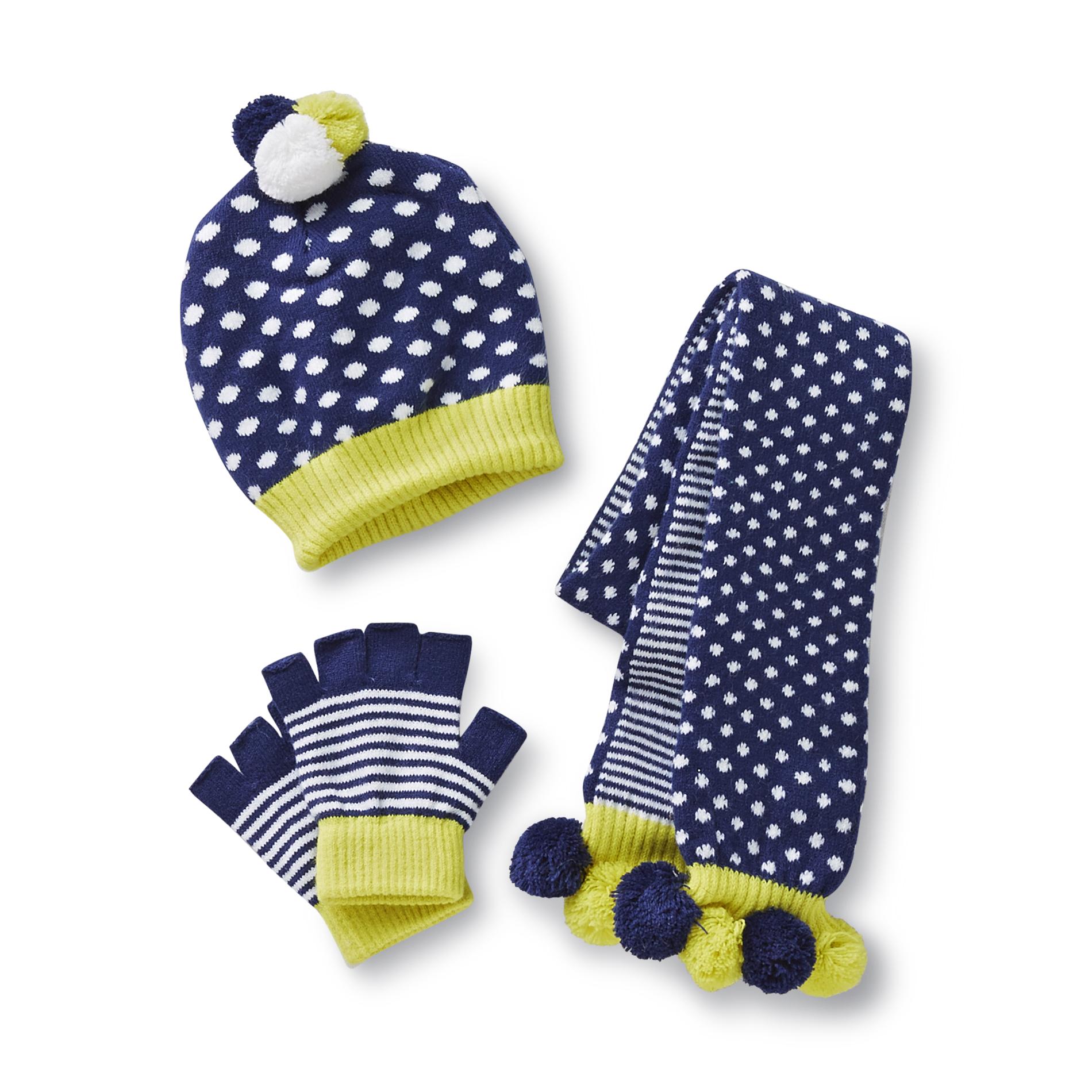 Toby N.Y.C. Girl's Knit Hat  Scarf & Fingerless Gloves - Striped & Polka Dot