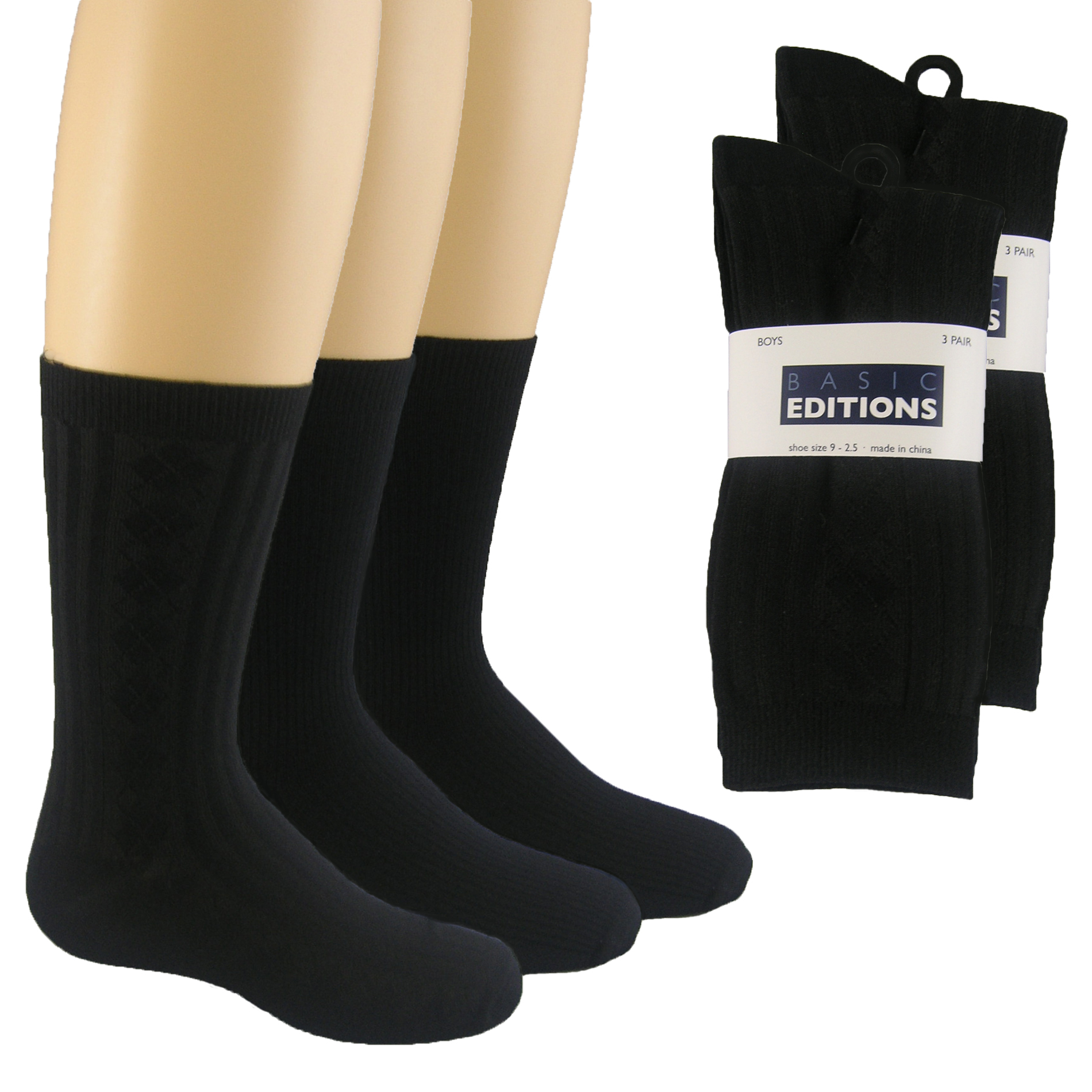 Basic Editions Boys Argyle Flat Knit Fine Rib Dress Socks - 3-Pairs