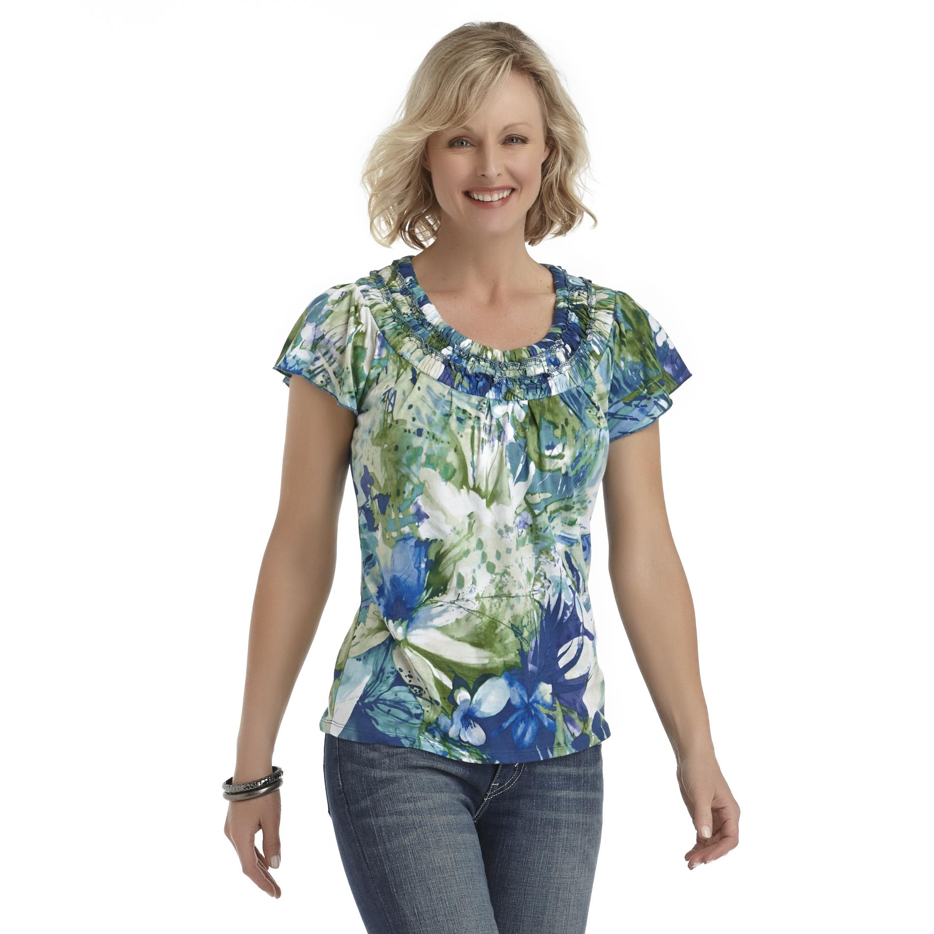 CJ BREEZE Women's Flutter-Sleeve T-Shirt - Floral
