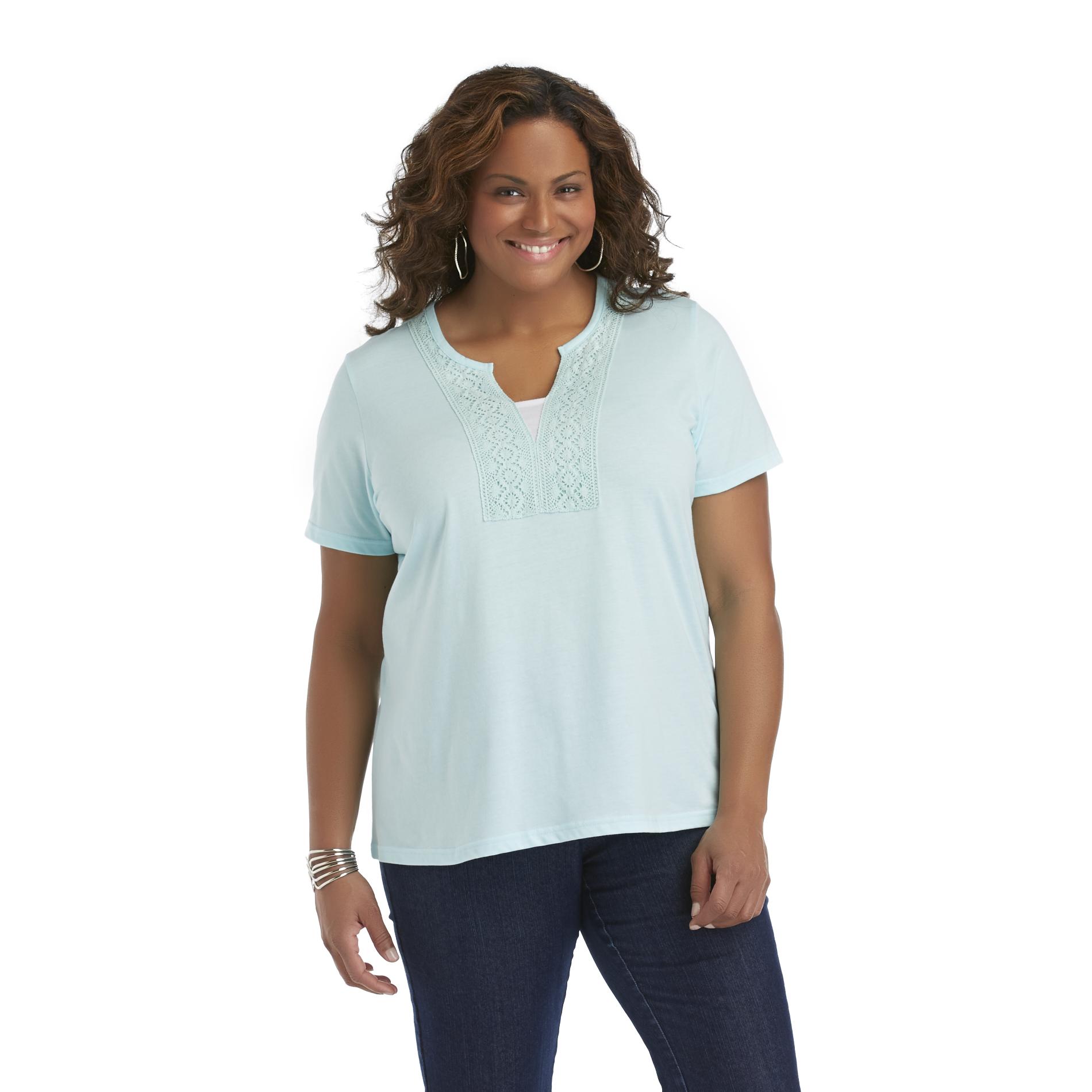 Basic Editions Woman's Plus Embroidered V-Neck T-Shirt
