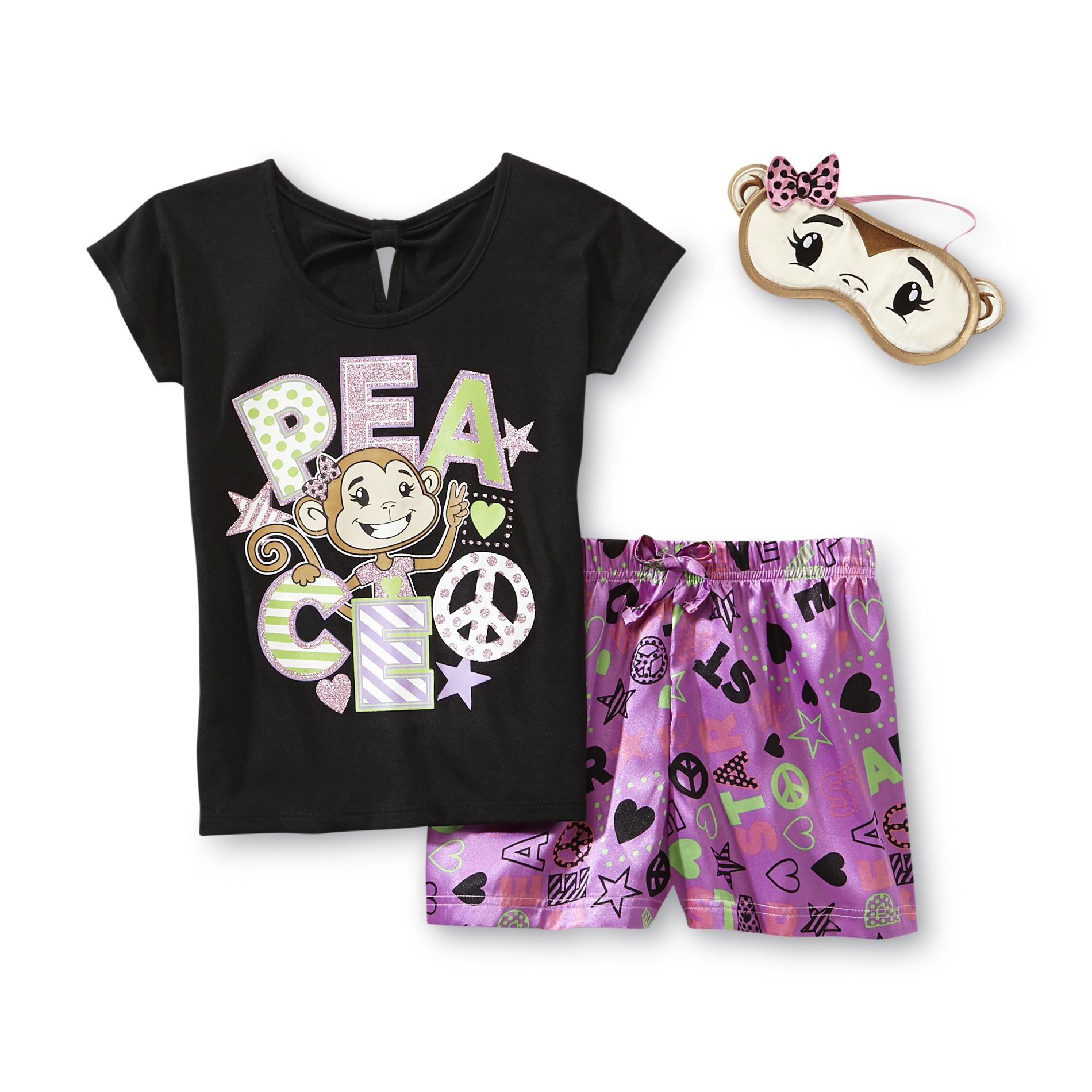 Joe Boxer Girl's Glitter Pajamas & Sleep Mask - Peace Monkey