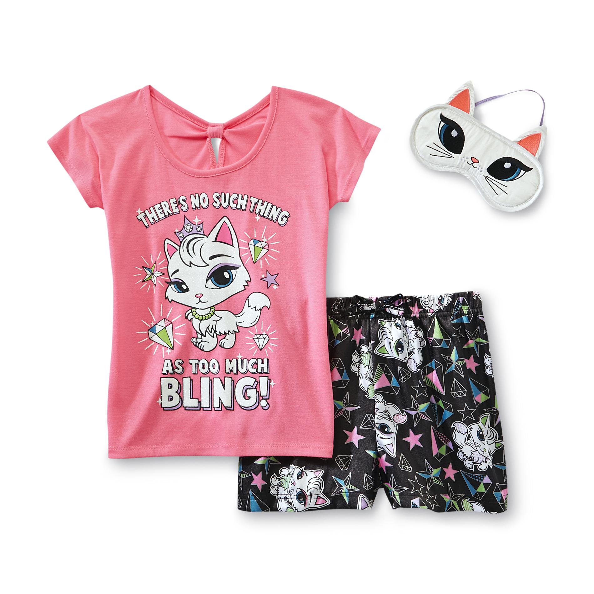 Joe Boxer Girl's Glitter Pajamas & Sleep Mask - Kitty Cat