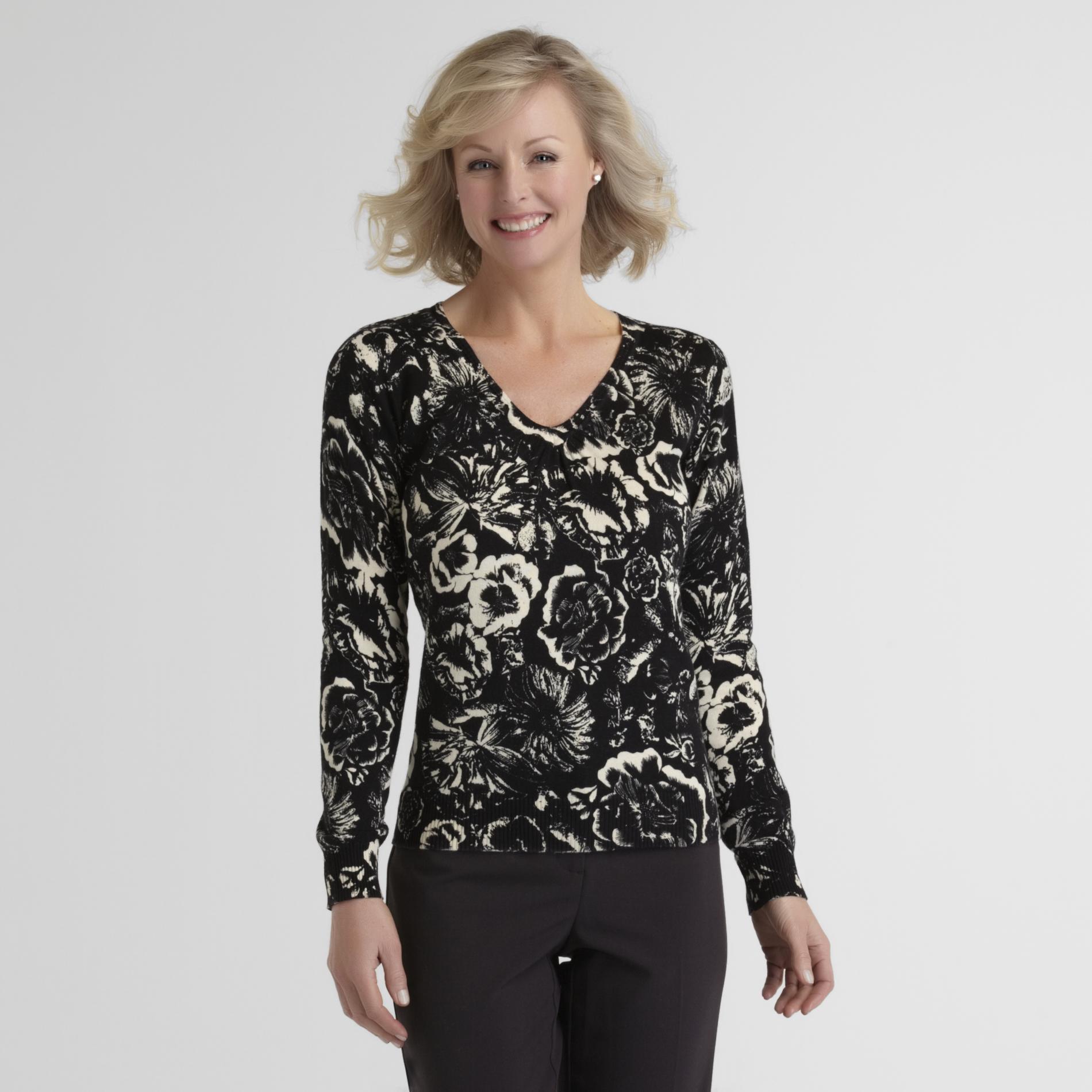 Jaclyn Smith Women's Shirred V-Neck Sweater - Floral