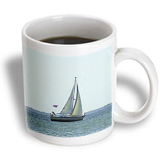 3dRose - Florene Boats - Sailboat With USA Flag - 15 oz mug, White 3dRose - Florene Boats - Sailboat With USA Flag - 15 oz mug, White