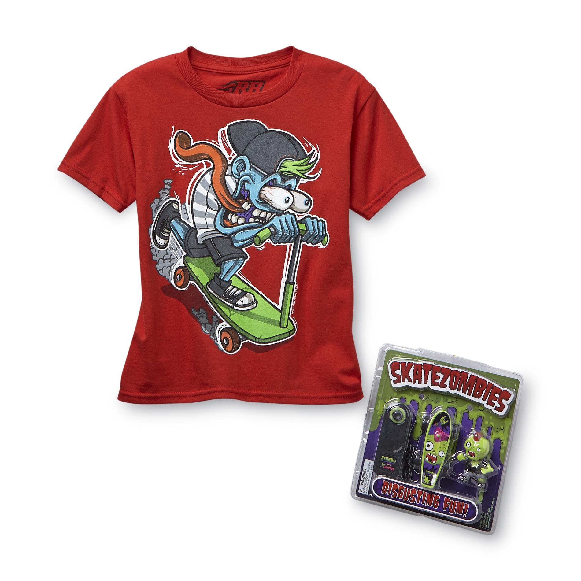 Rudeboyz Boy's Graphic T-Shirt & Remote Control Toy Skateboard - Zombies