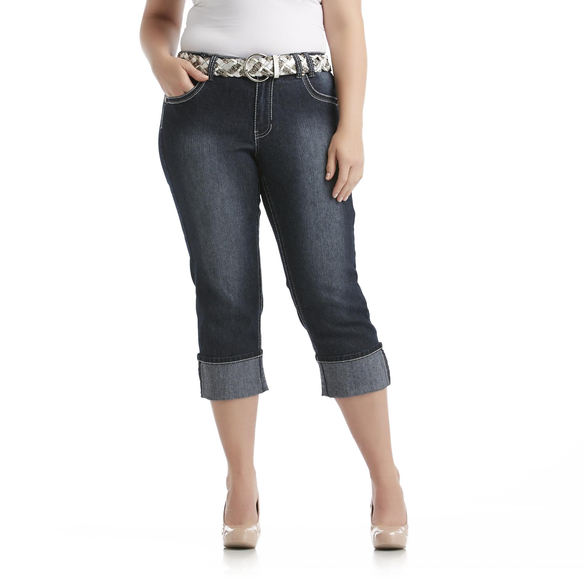 Angels Women's Plus Hipster Cuffed Capri Jeans & Belt
