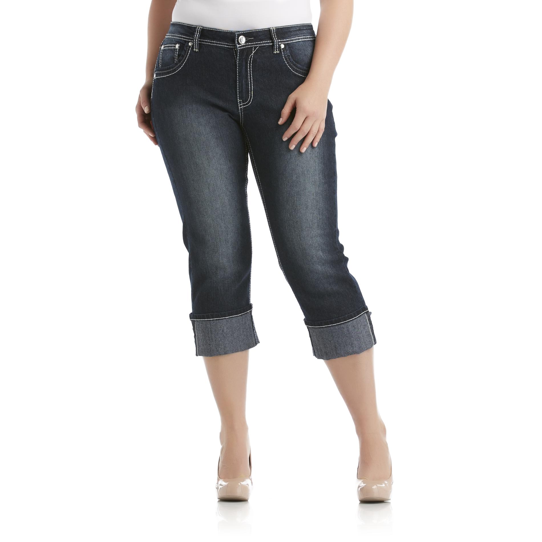 Angels Women's Plus Rhinestone Hipster Cuffed Capri Jeans