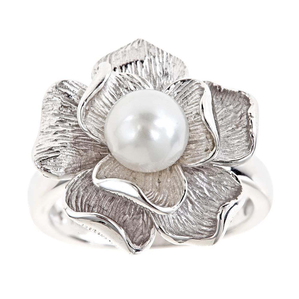 Ladies Sterling Silver Flower with White Pearl Ring