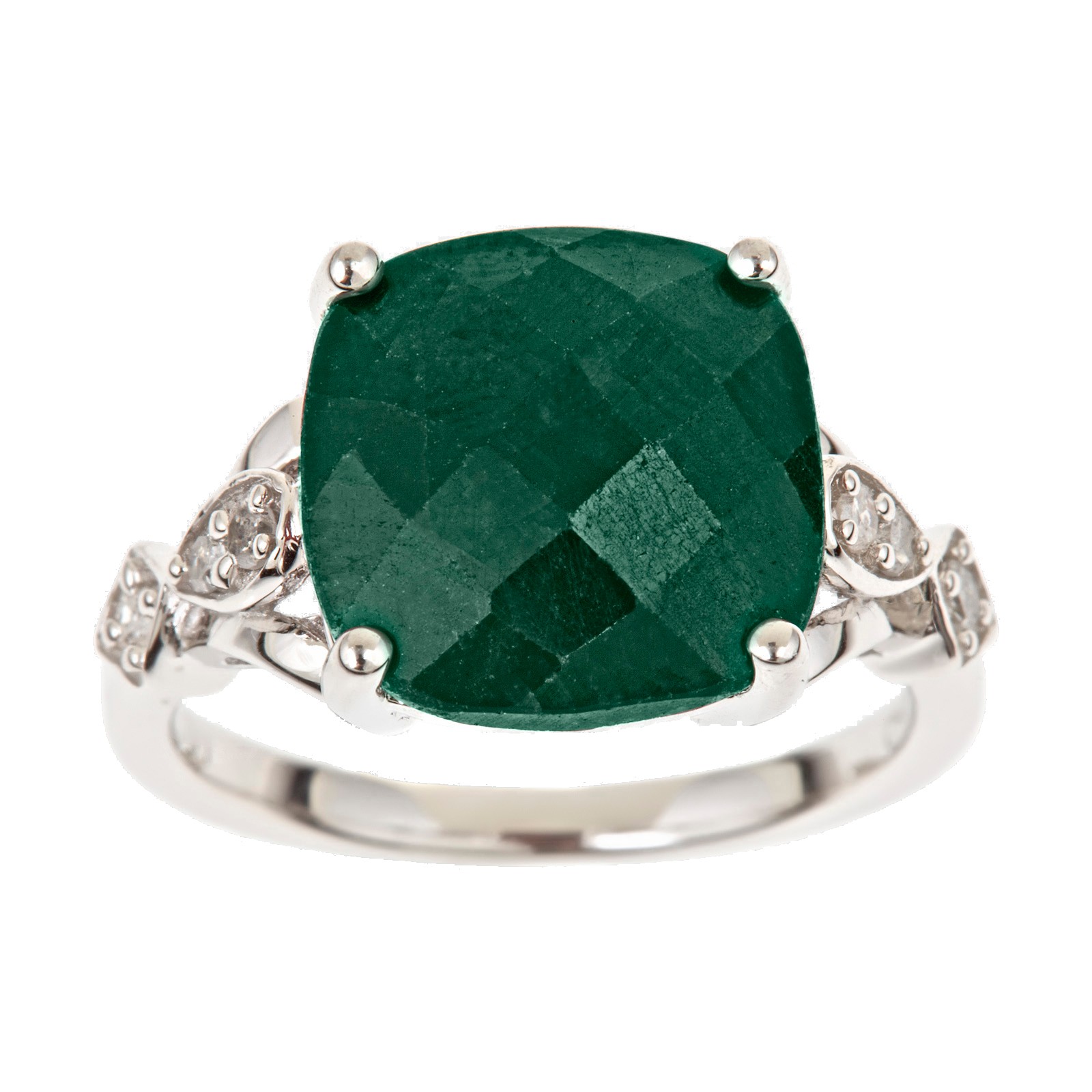 Ladies Sterling Silver Opaque Emerald and .10cttw Diamond Ring