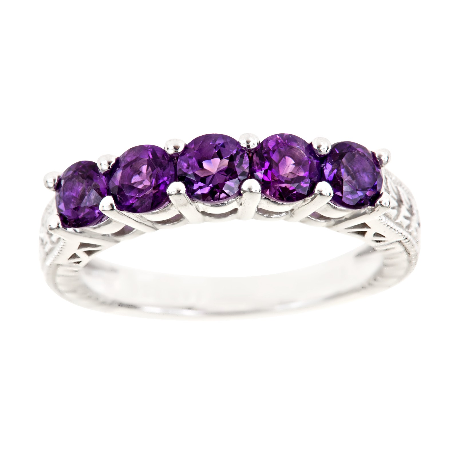 Ladies Sterling Silver  5 Stone Round Cut Amethyst Ring