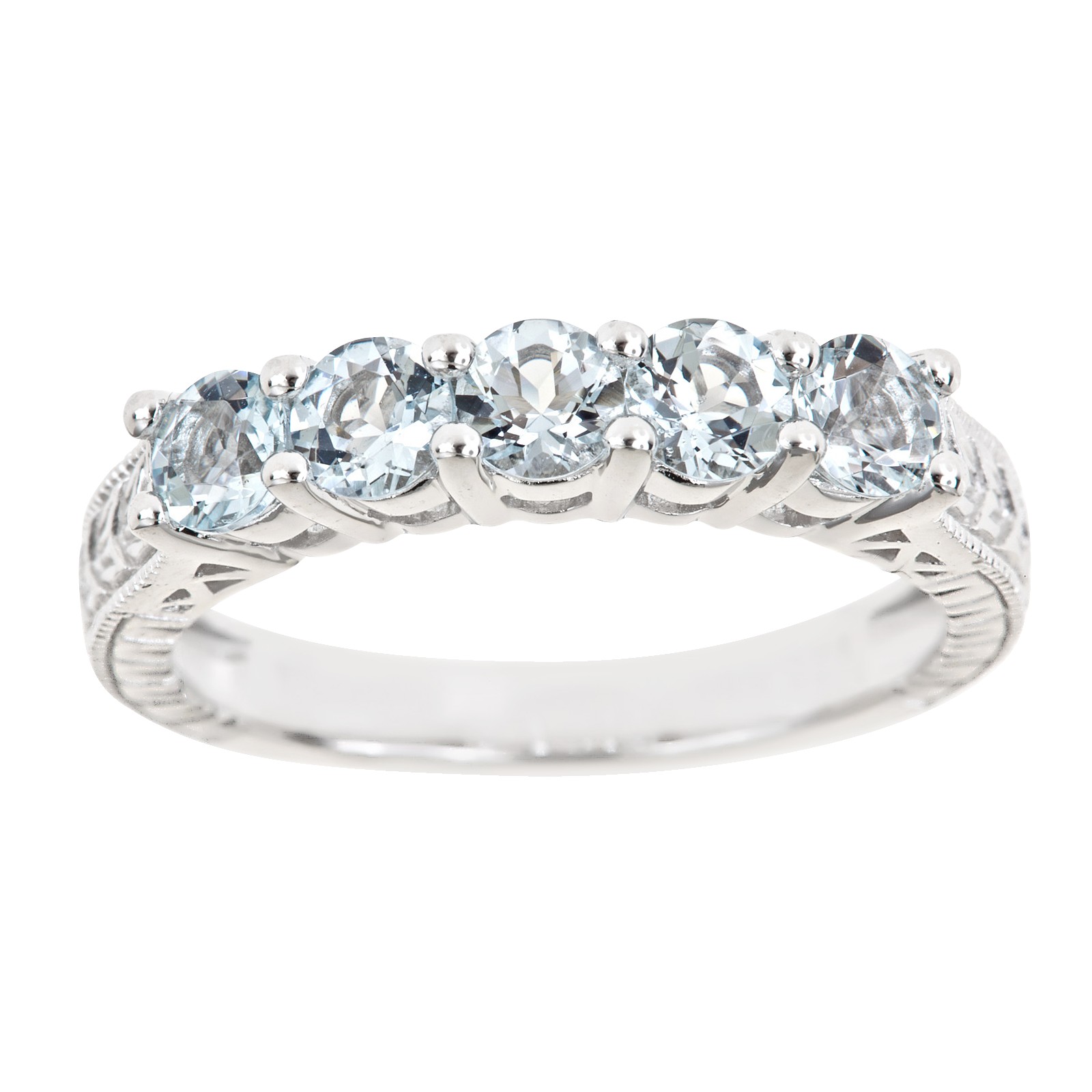 Ladies Sterling Silver  5 Stone Round Cut Aquamarine Ring