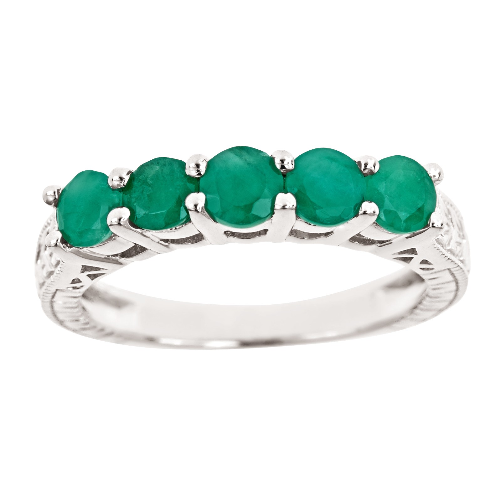 Ladies Sterling Silver 5 Stone Round Cut Emerald Ring