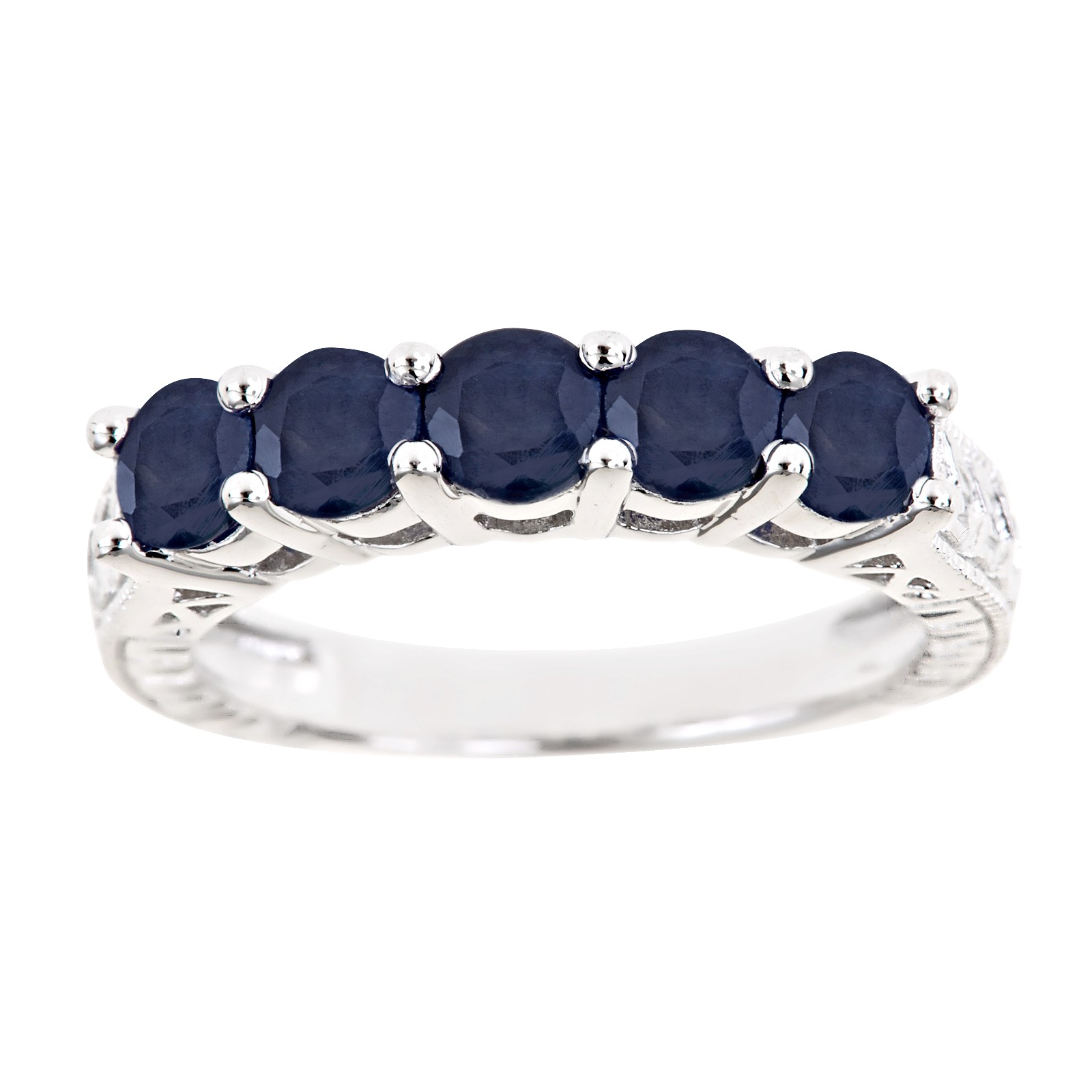 Ladies Sterling Silver 5 Stone Round Cut Blue Sapphire Ring