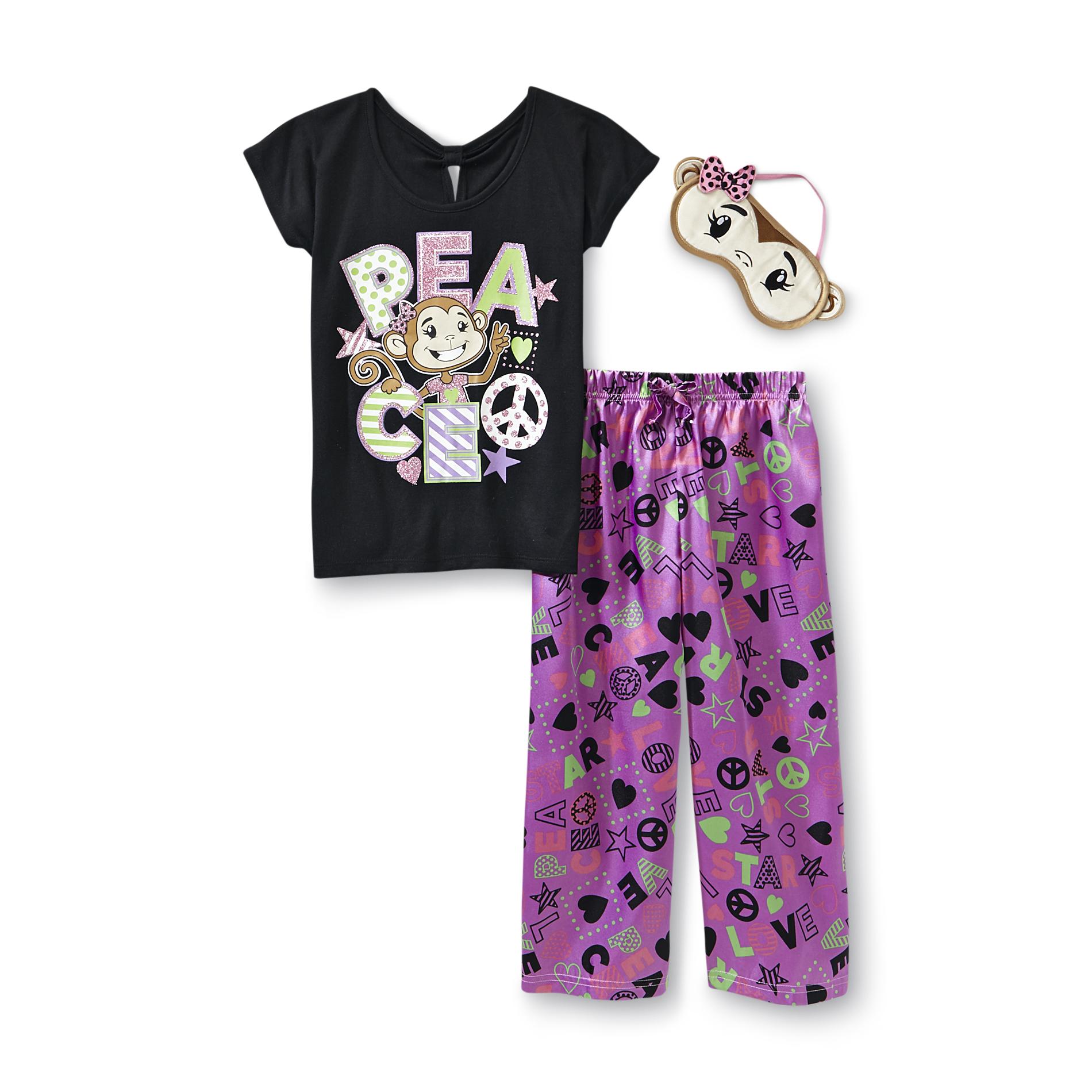 Joe Boxer Girl's Graphic Pajama Top  Bottoms & Sleep Mask - Peace