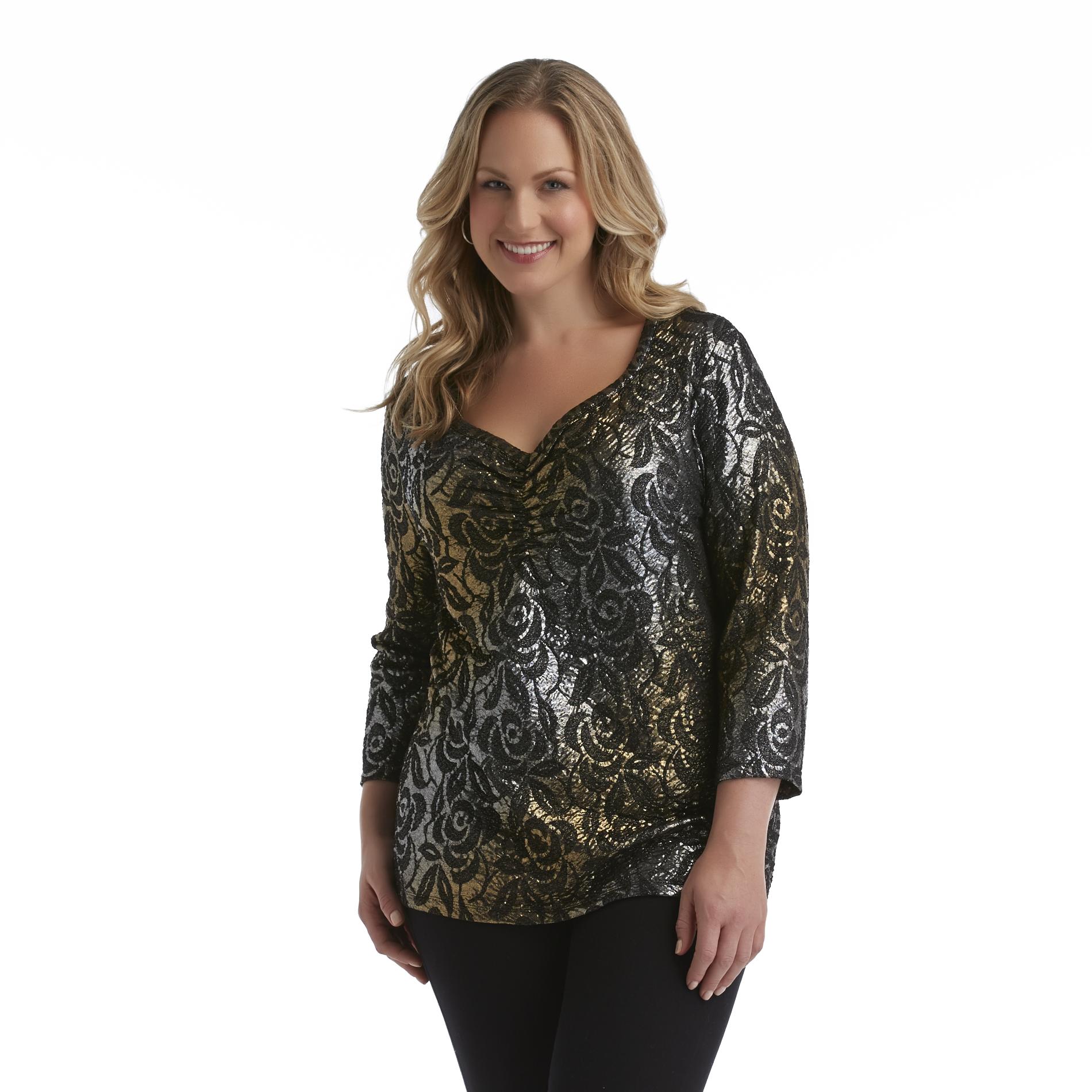 Jaclyn Smith Women's Plus Shirred V-Neck Top - Floral