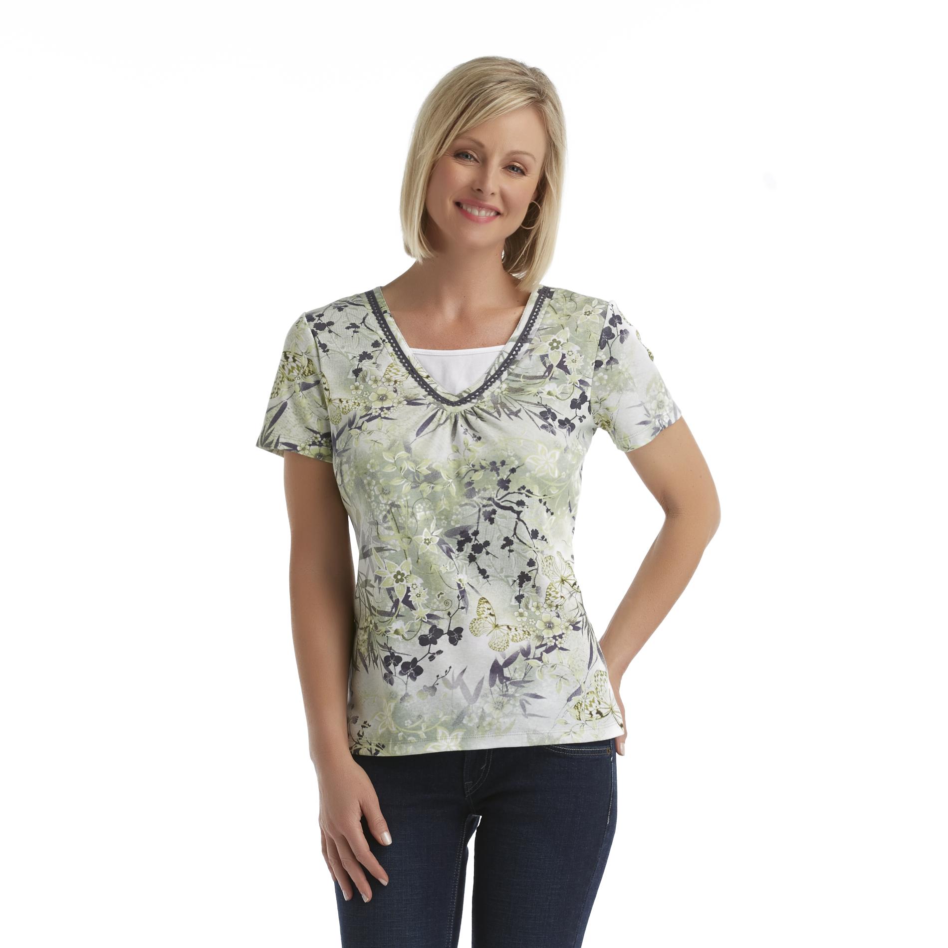 Basic Editions Women's Layered-Look V-Neck T-Shirt - Floral Butterfly
