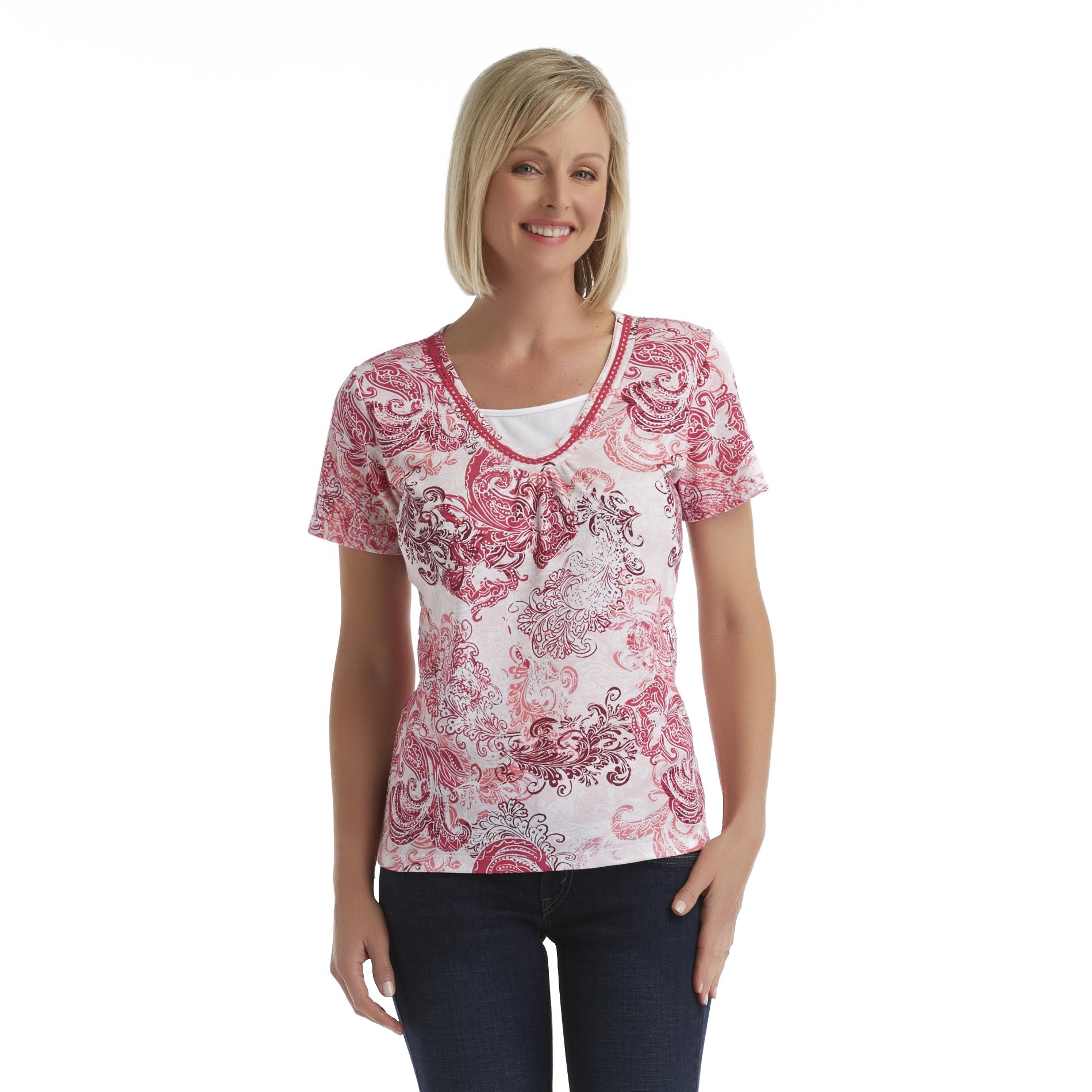 Basic Editions Women's Layered-Look V-Neck T-Shirt - Paisley