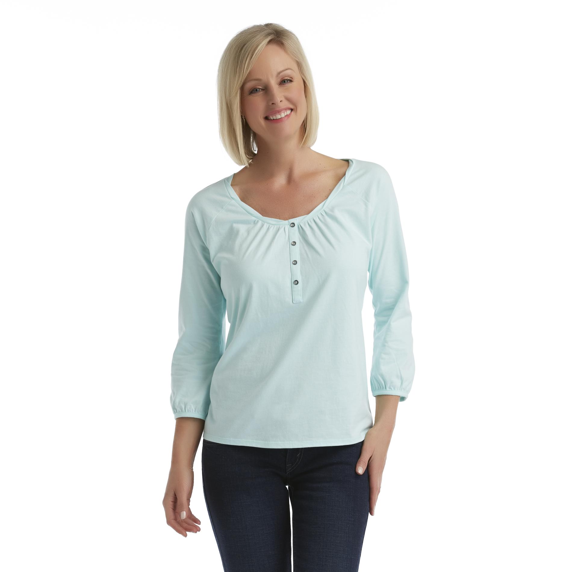 Basic Editions Women's Scoop-Neck Knit Henley Top