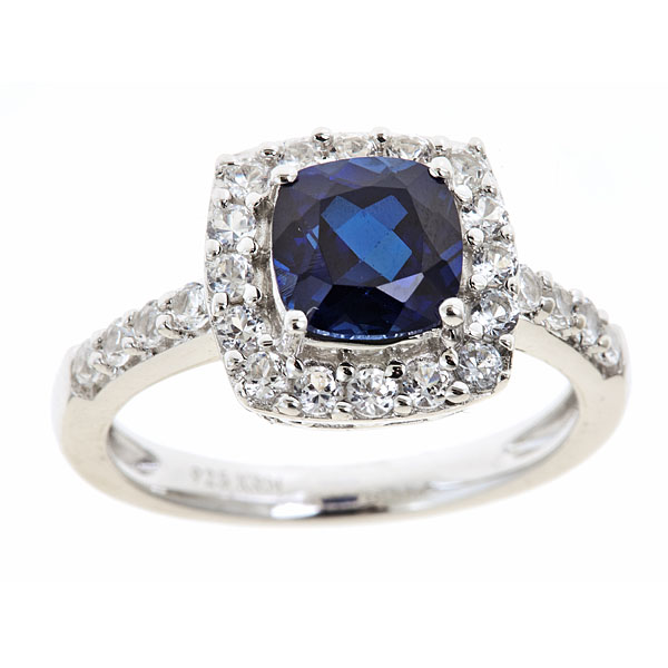 Sterlings Silver Cushion Created Blue Sapphire Birthstone Ring