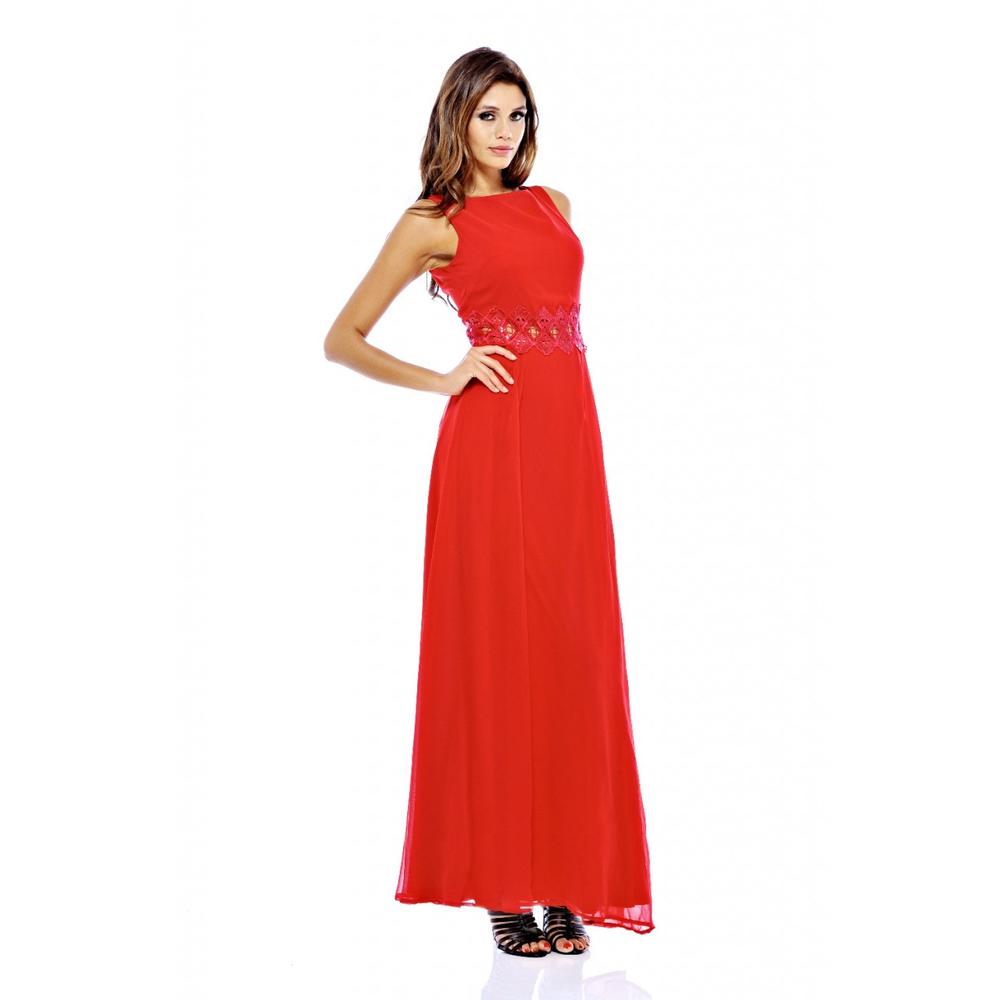 AX Paris Women's Chiffon Embellished Waist Maxi Red Dress