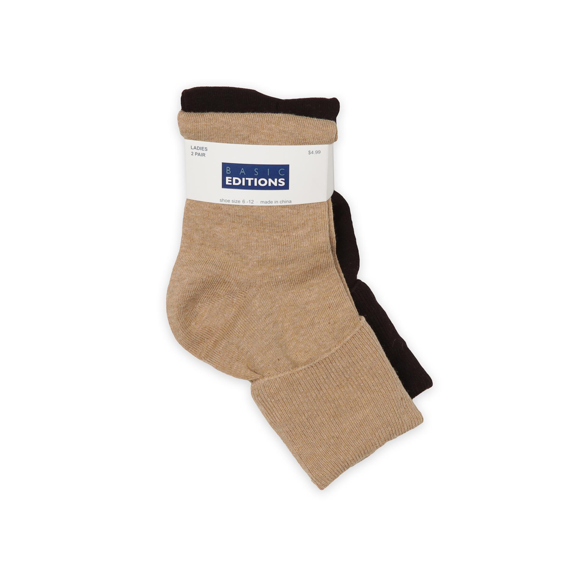 Basic Editions Women's 2Pairs Fine Gauge Cuffed Ankle Socks