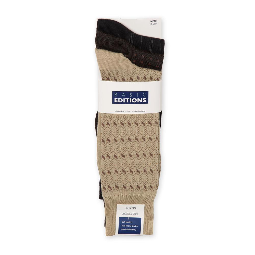 Basic Editions Men's 3 Pairs Dress Socks - Geometric & Striped