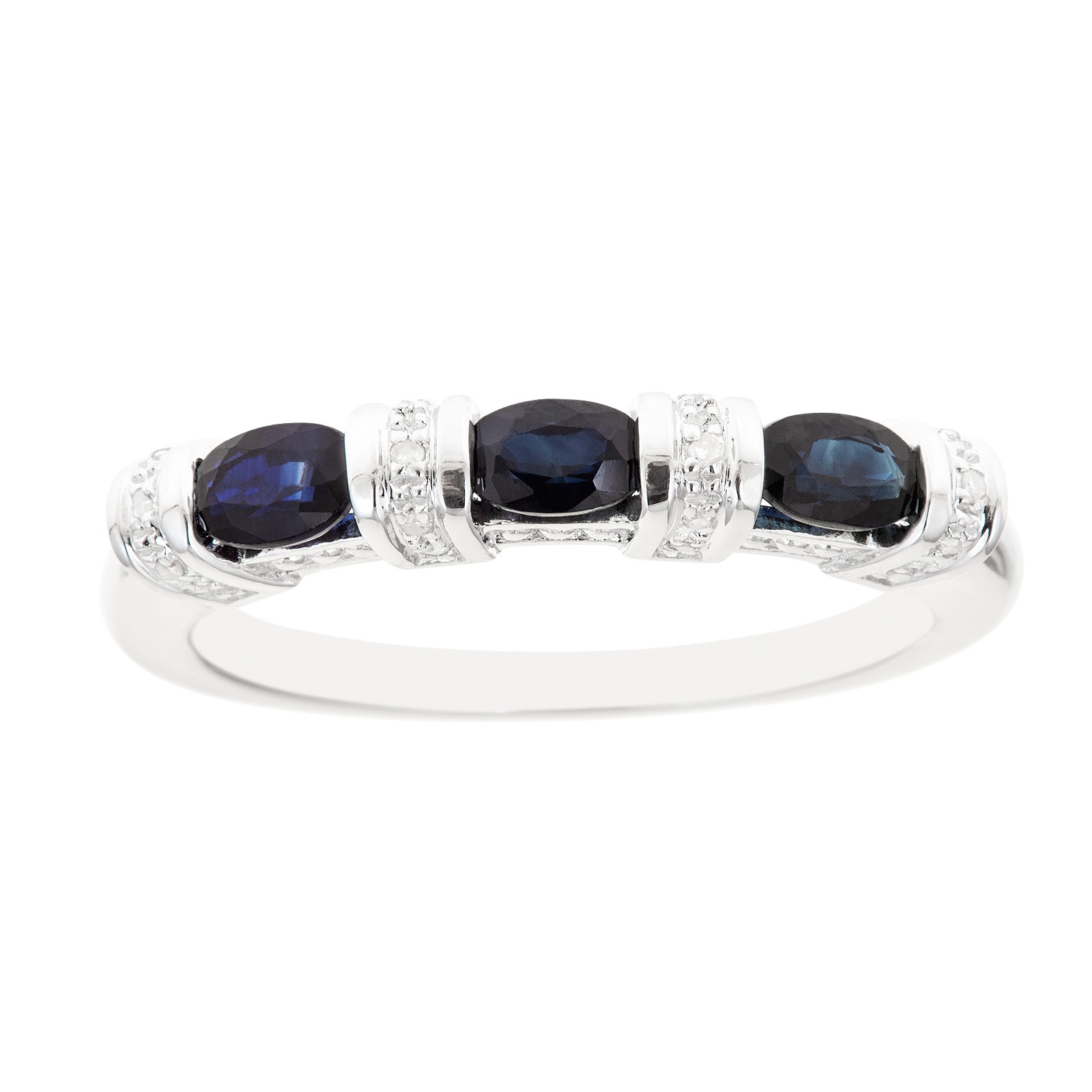 Ladies Sterling Silver 3 Stone Genuine Blue Sapphire and Diamond Accent Ring