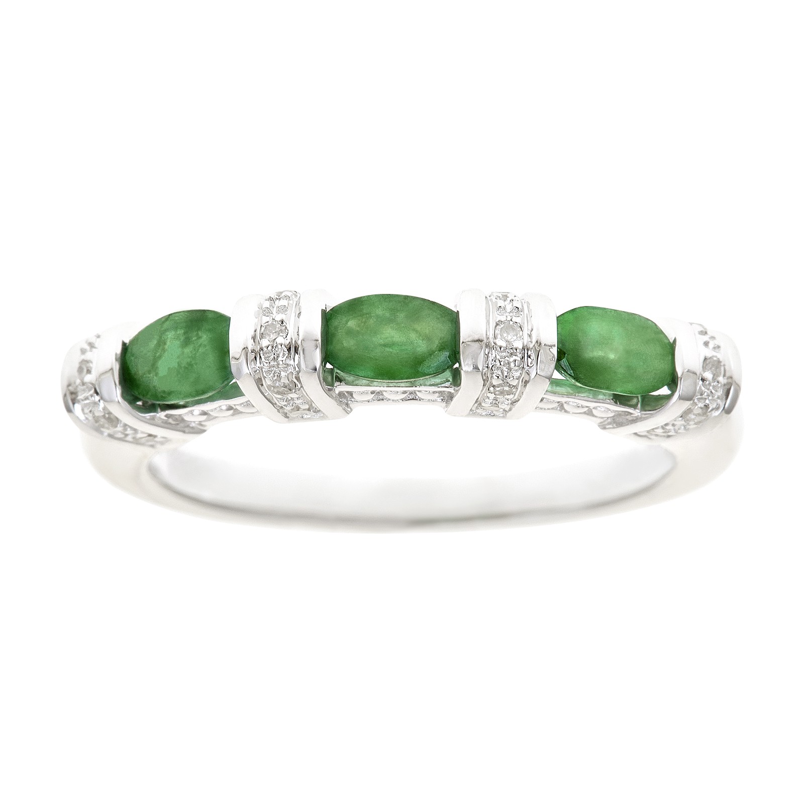 Ladies Sterling Silver 3 Stone Genuine Emerald and Diamond Accent Ring