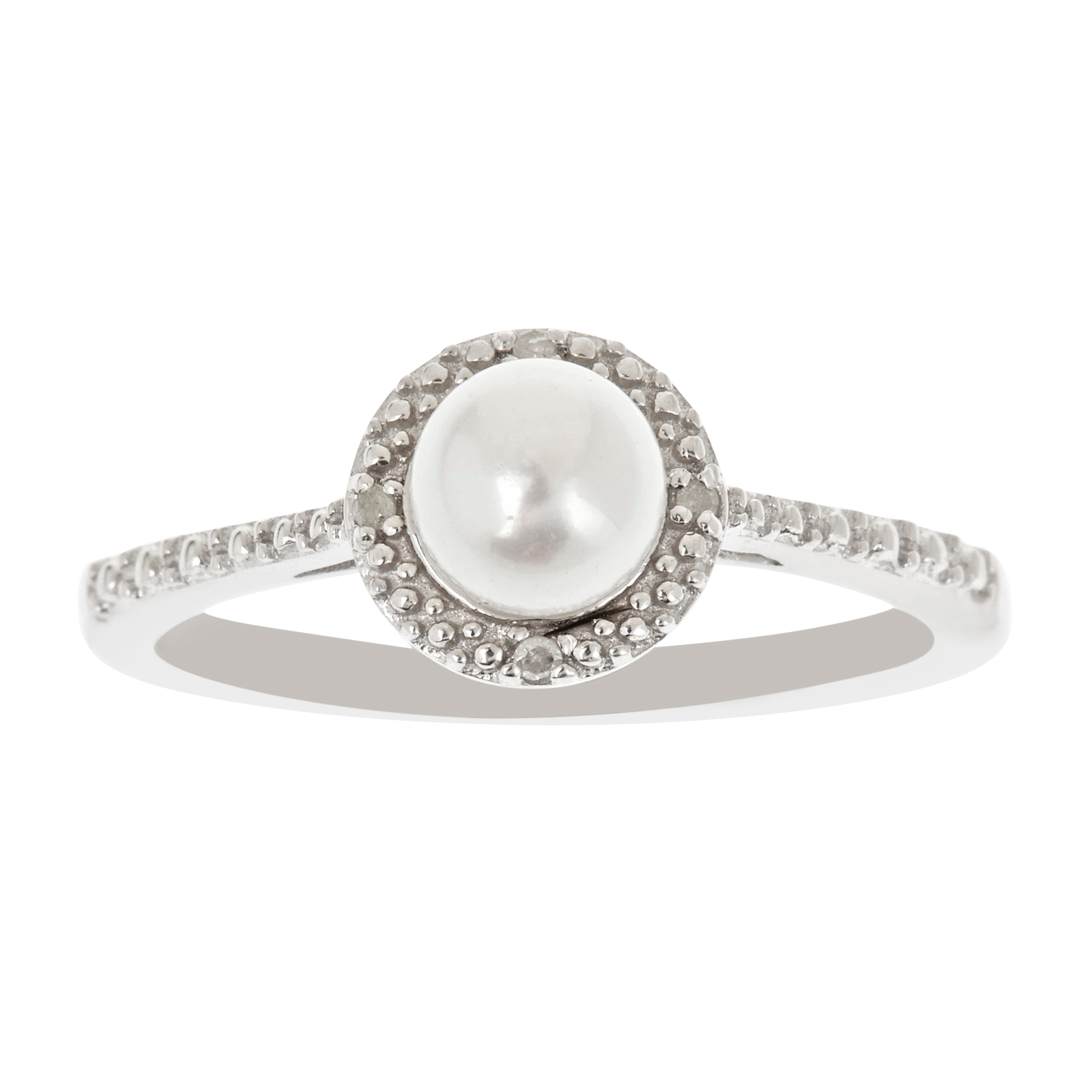 Ladies Sterling Silver White Pearl and Diamond Accent Ring