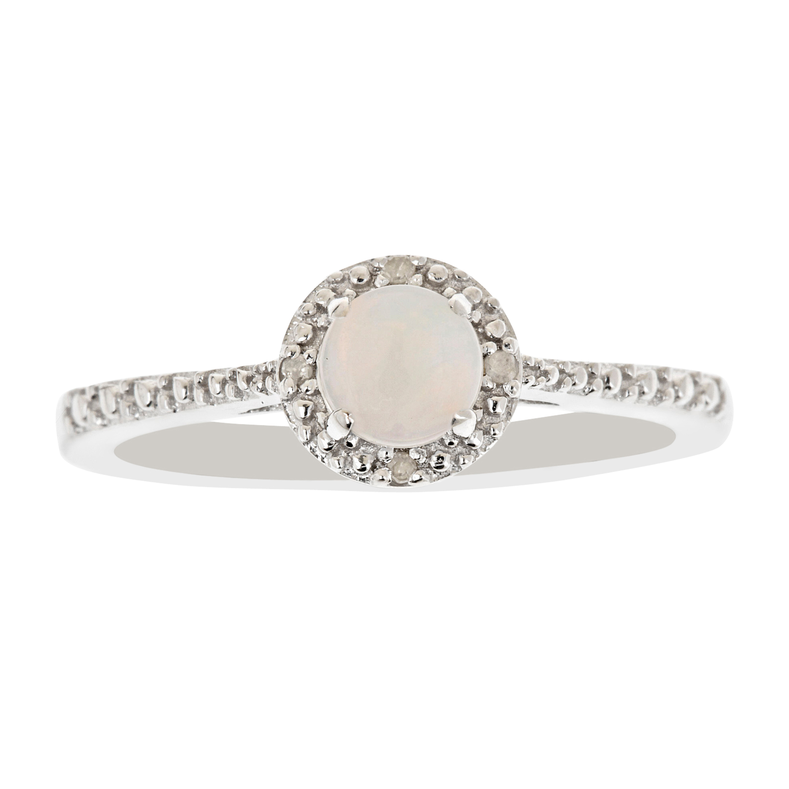 Ladies Sterling Silver White Opal and Diamond Accent Ring