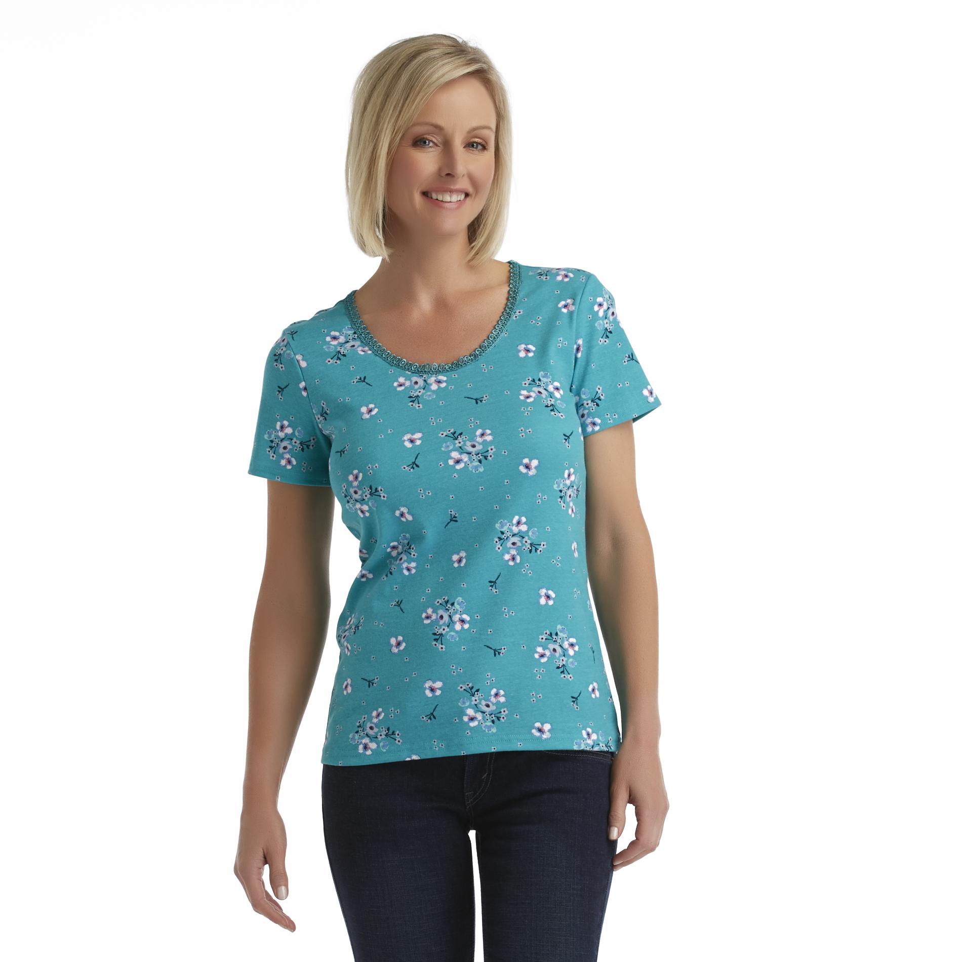 Basic Editions Women's Lace Trim T-Shirt - Floral