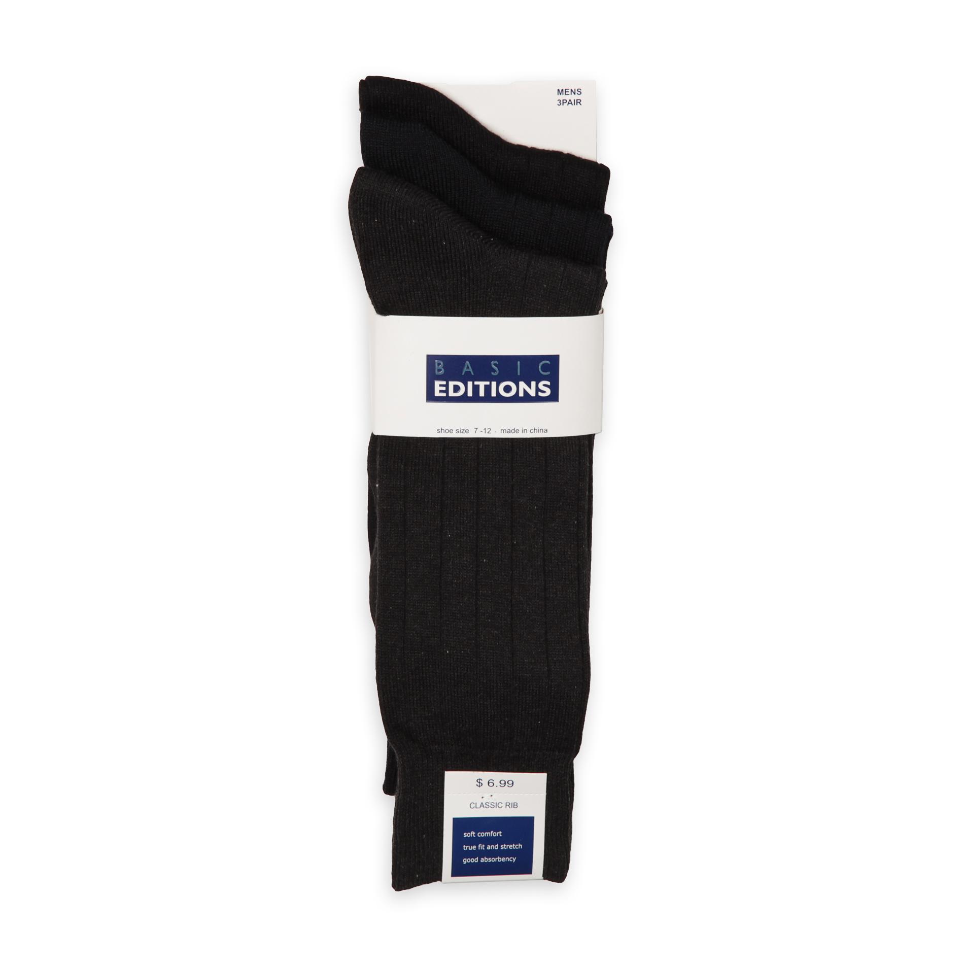 Basic Editions Men's 3-Pairs Ribbed Knit Socks