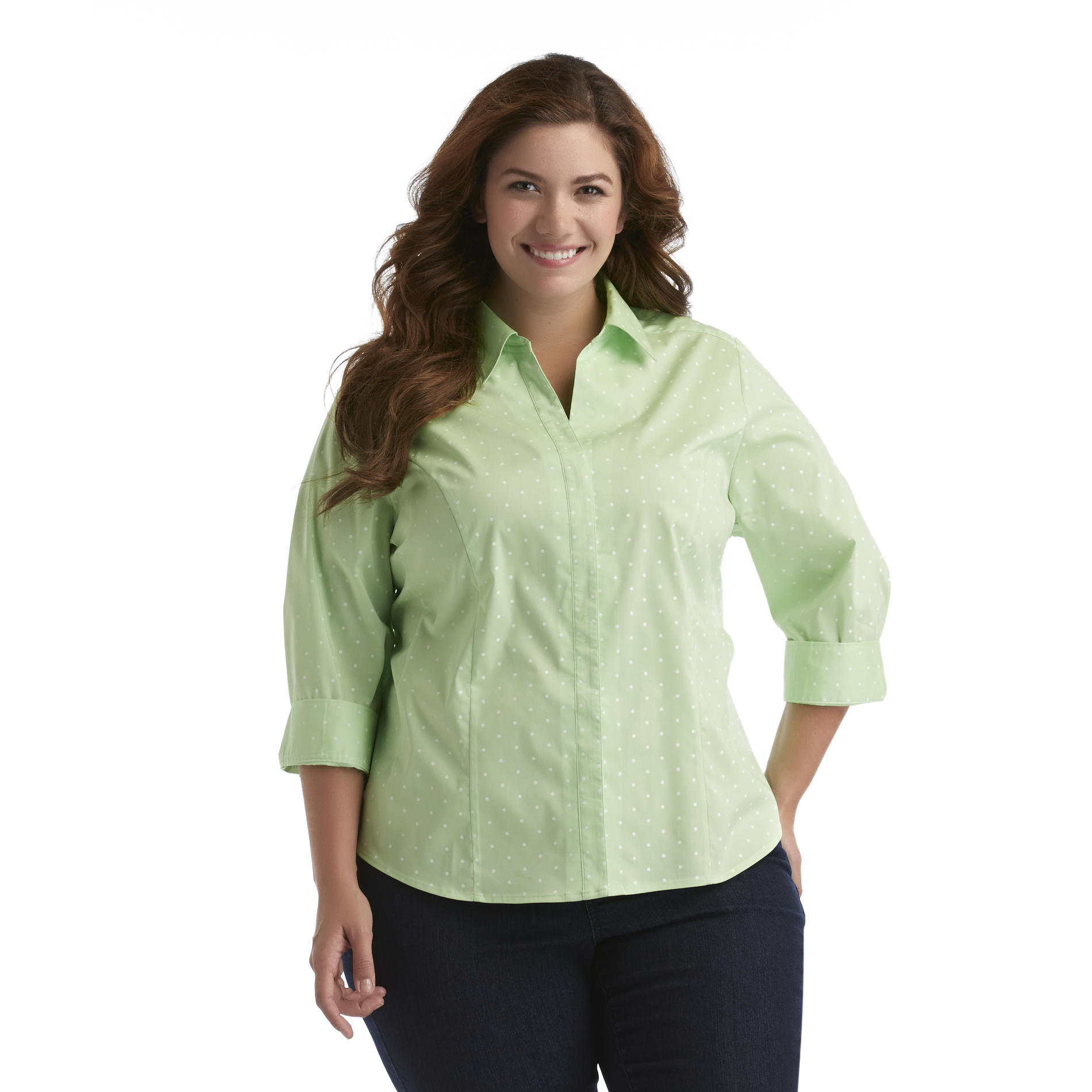 Basic Editions Women's Plus Shaped Stretch Shirt - Polka Dot