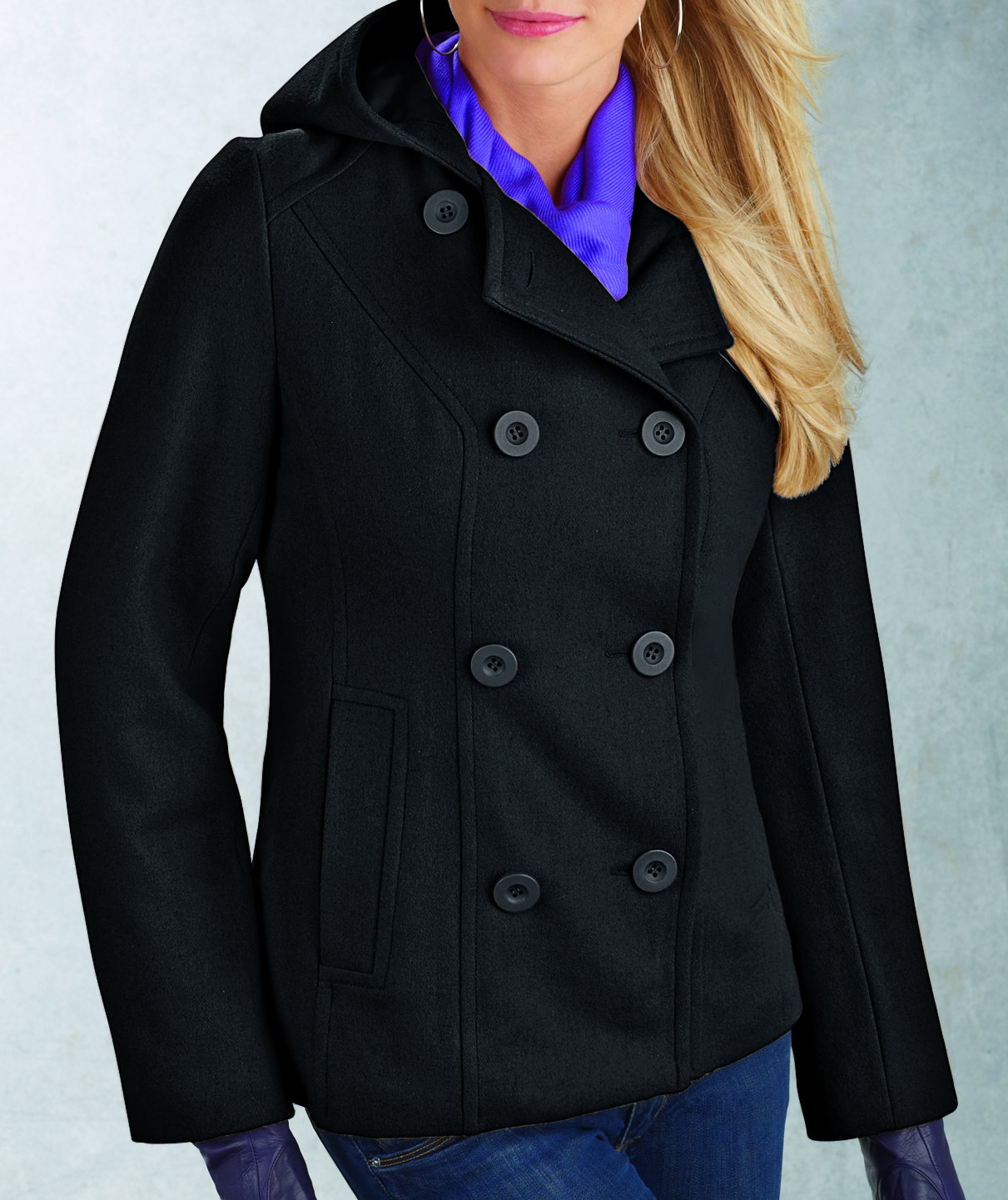 R&O Ladies Double Breasted Peacoat with Attached Hood - Online Exclusive