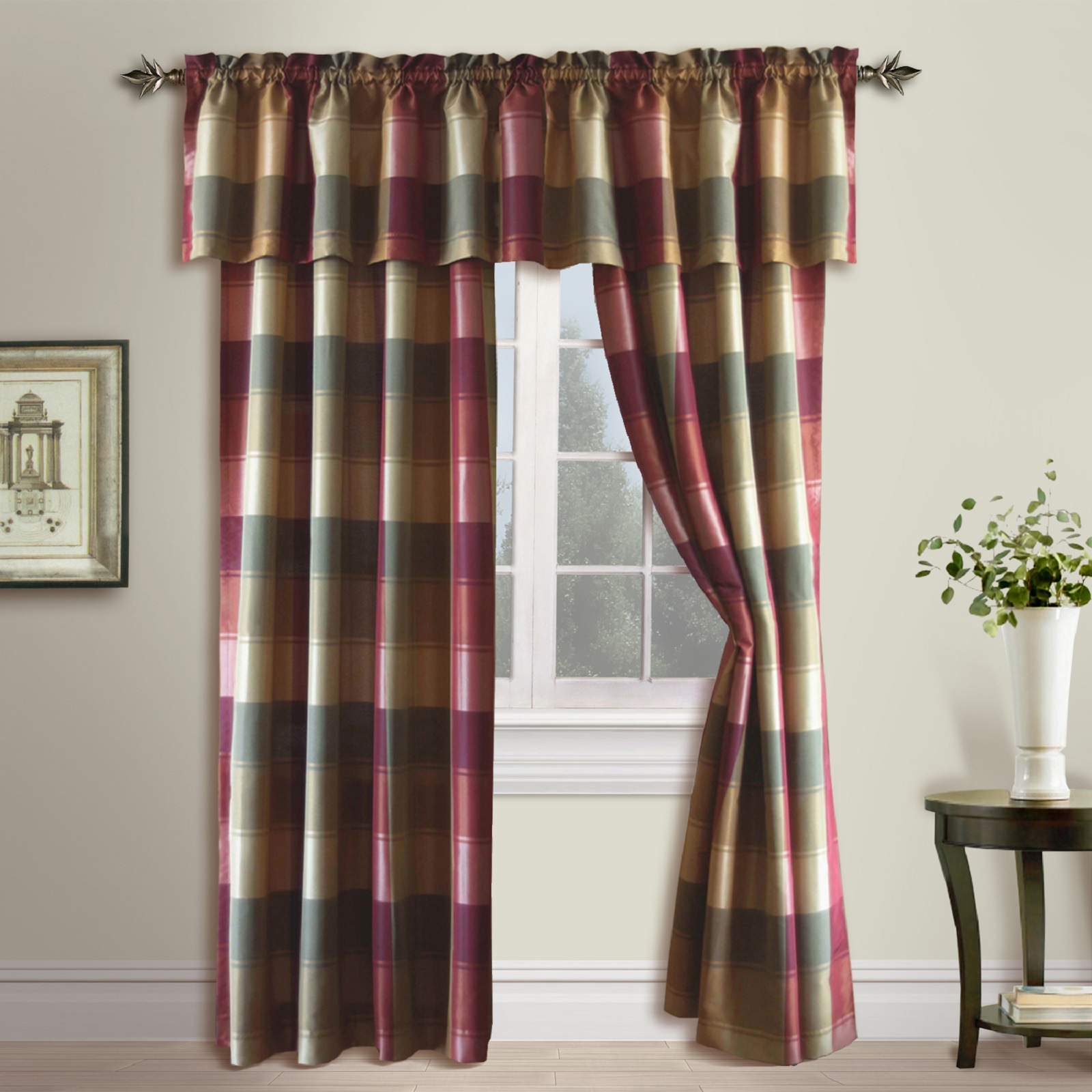 United Curtain Company Plaid trendy but tailored polyester panel in blue/green, taupe/brown & burgundy